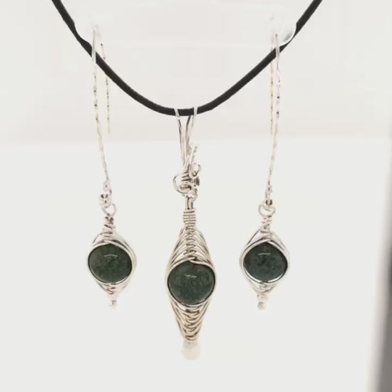 Video, green quartzite and Argentium silver pendant and earrings.