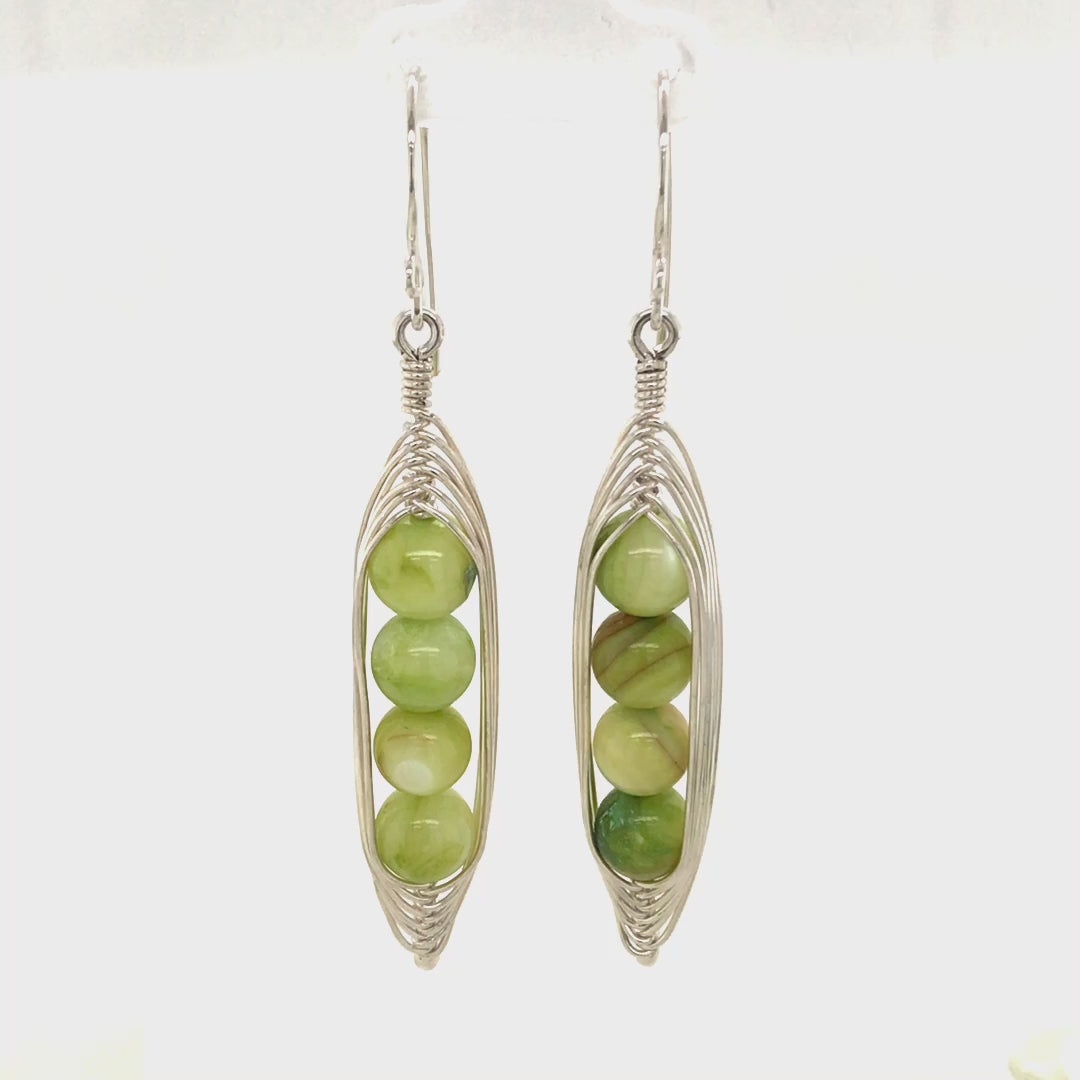 Video, 360 degrees. Shell Beads and Argentium Silver "Peapod Earrings", double-loop ear wire option.