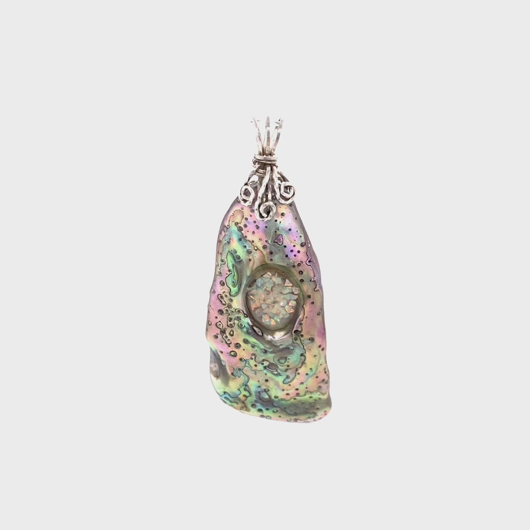 Abalone shell pendant with Kyocera fire and ice crushed opal inset, movie - Barb Murrin Jewelry