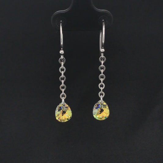 Video, 360 degrees. Crystal Pear and Argentium Silver Earrings, Ear Wires ("Sunny Crystal Tears, Ear Wires") displaying yellow in crystals, rather than clear/mauve/blue.