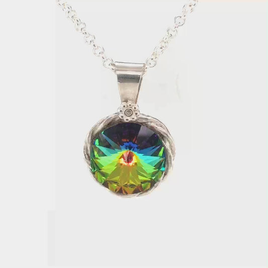 Video, 360 degrees, Swarovski Crystal and Argentium Silver Pendant ("Peacock in a Nest Pendant")..