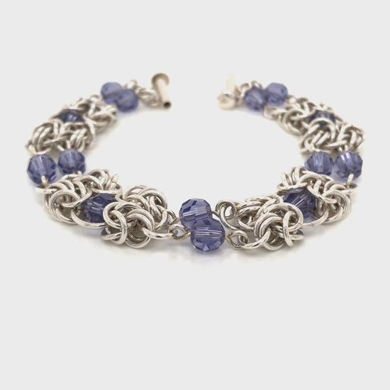 Video of tanzanite and Argentium silver byzantine chain maille bracelet.