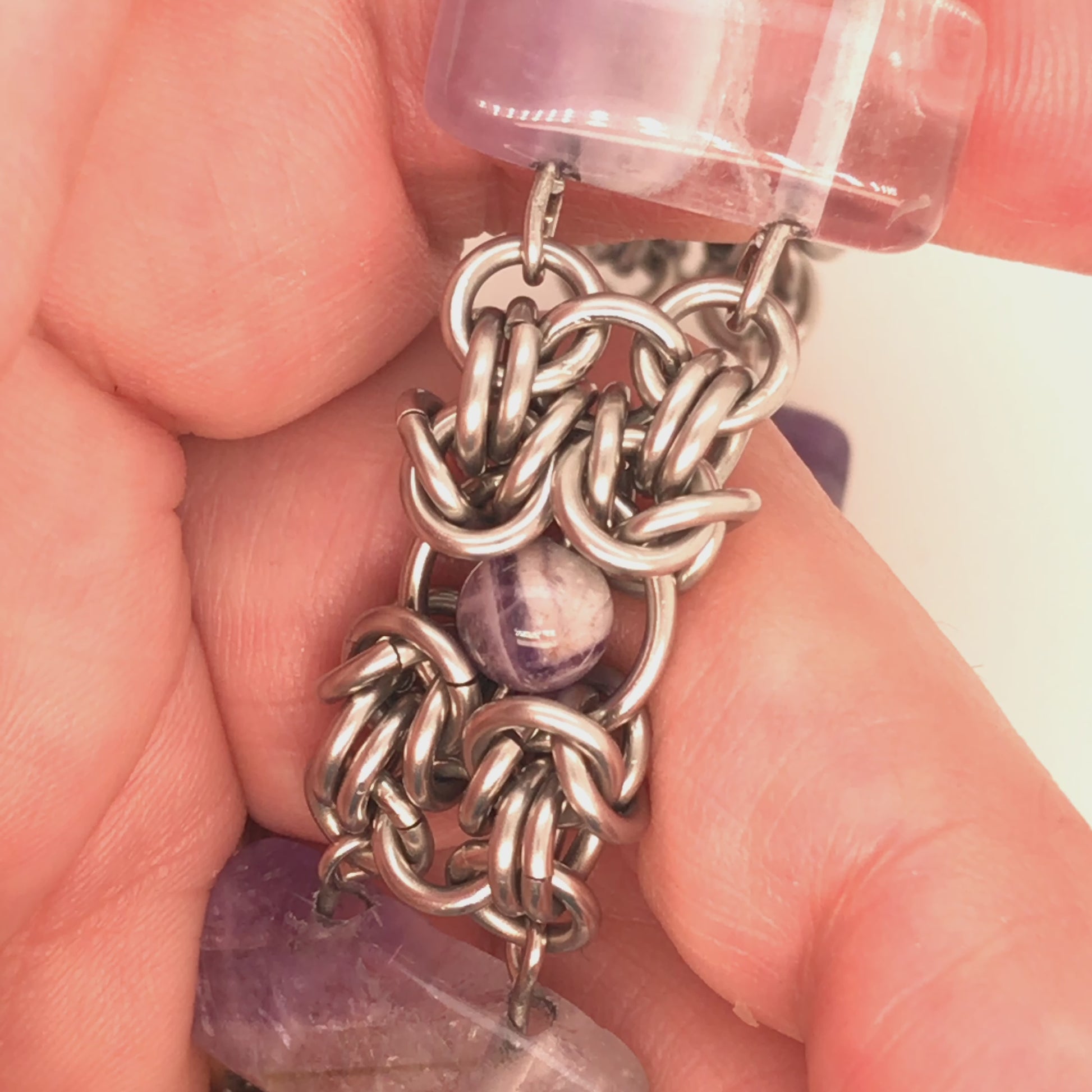 Video, Amethyst Bar & Stainless Steel Byzantine Chain Maille Bracelet.