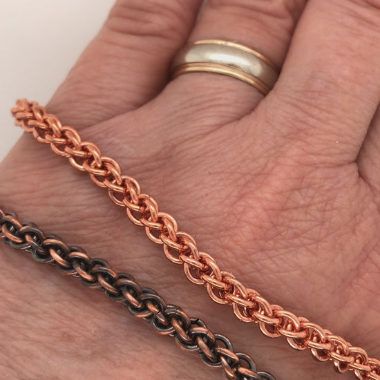 Movie, spiral weave copper bracelets (Jens Pind, JPL3), natural finish and patinated, showing how they roll on the wrist and how flexible they are.