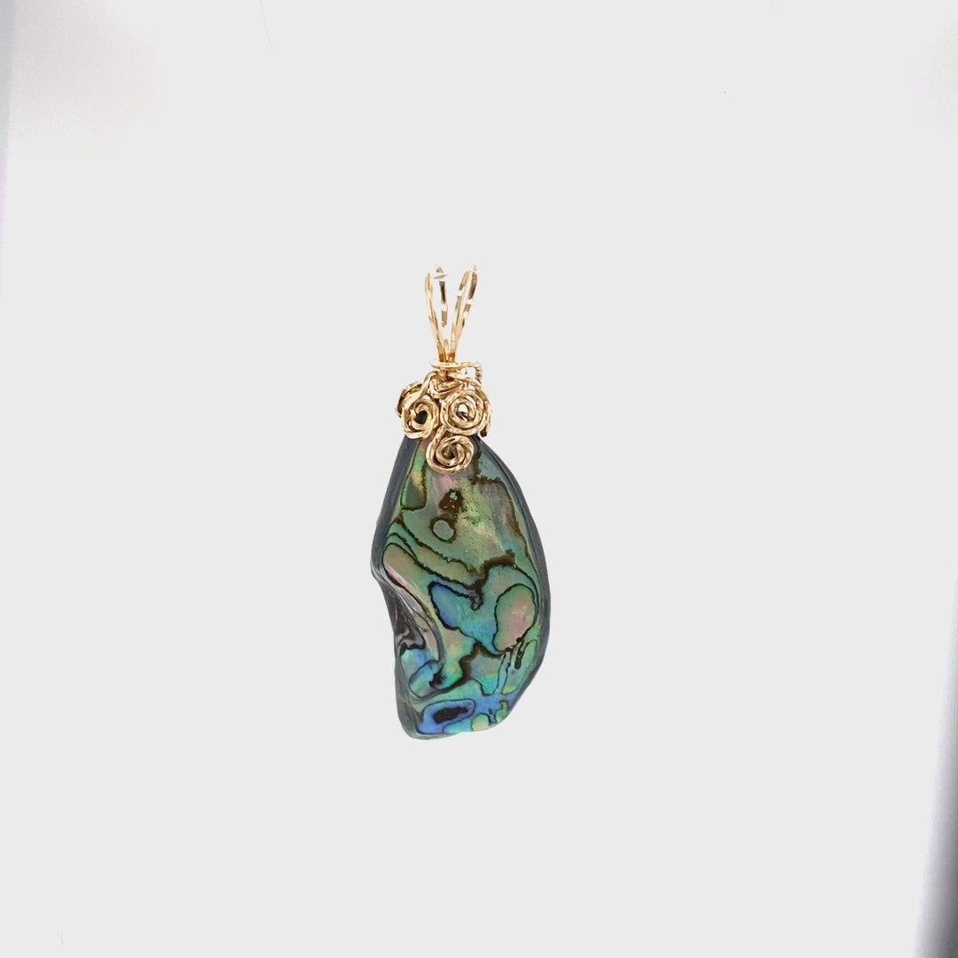 Green and gold abalone shell pendant with gold-filled bail, movie - Barb Murrin Jewelry