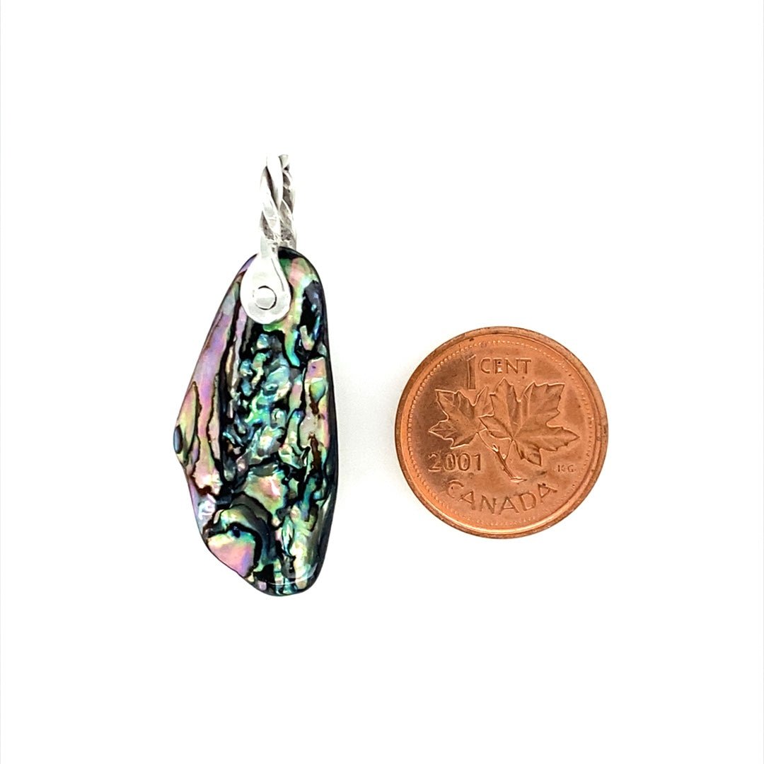 Abalone Shell Pendant ("Cascades Abalone") (V), with penny for size reference - Barb Murrin Jewelry