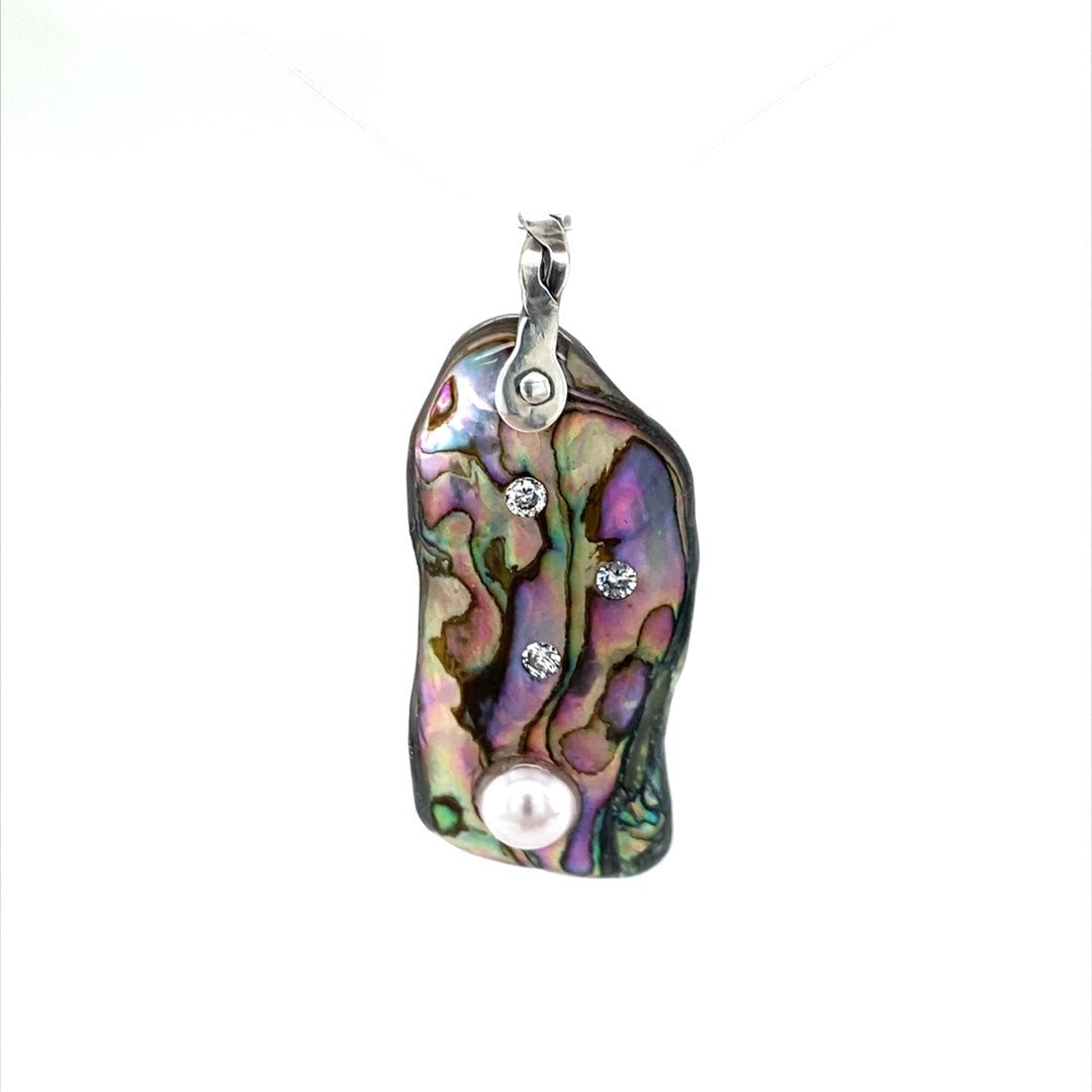 Abalone Shell Pendant with Pink Pearl and Clear CZs (I) - Barb Murrin Jewelry