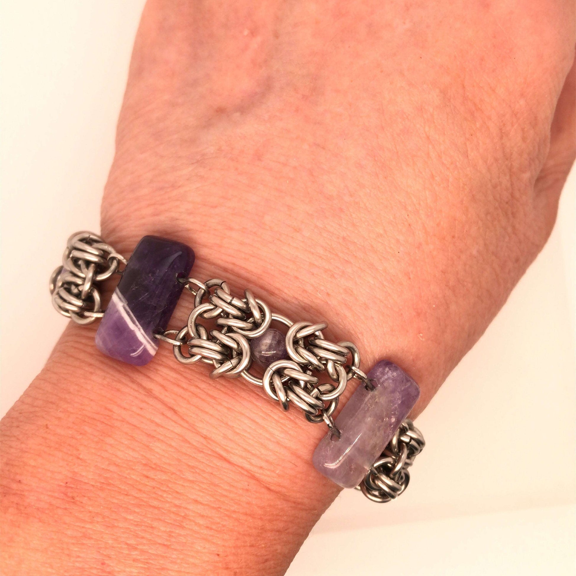 Amethyst Bar & Stainless Steel Byzantine Chain Maille Bracelet - Barb Murrin Jewelry