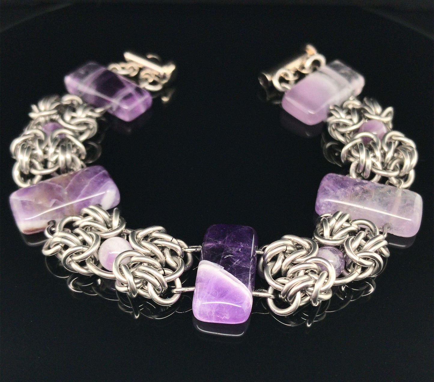 Amethyst Bar & Stainless Steel Byzantine Chain Maille Bracelet - Barb Murrin Jewelry