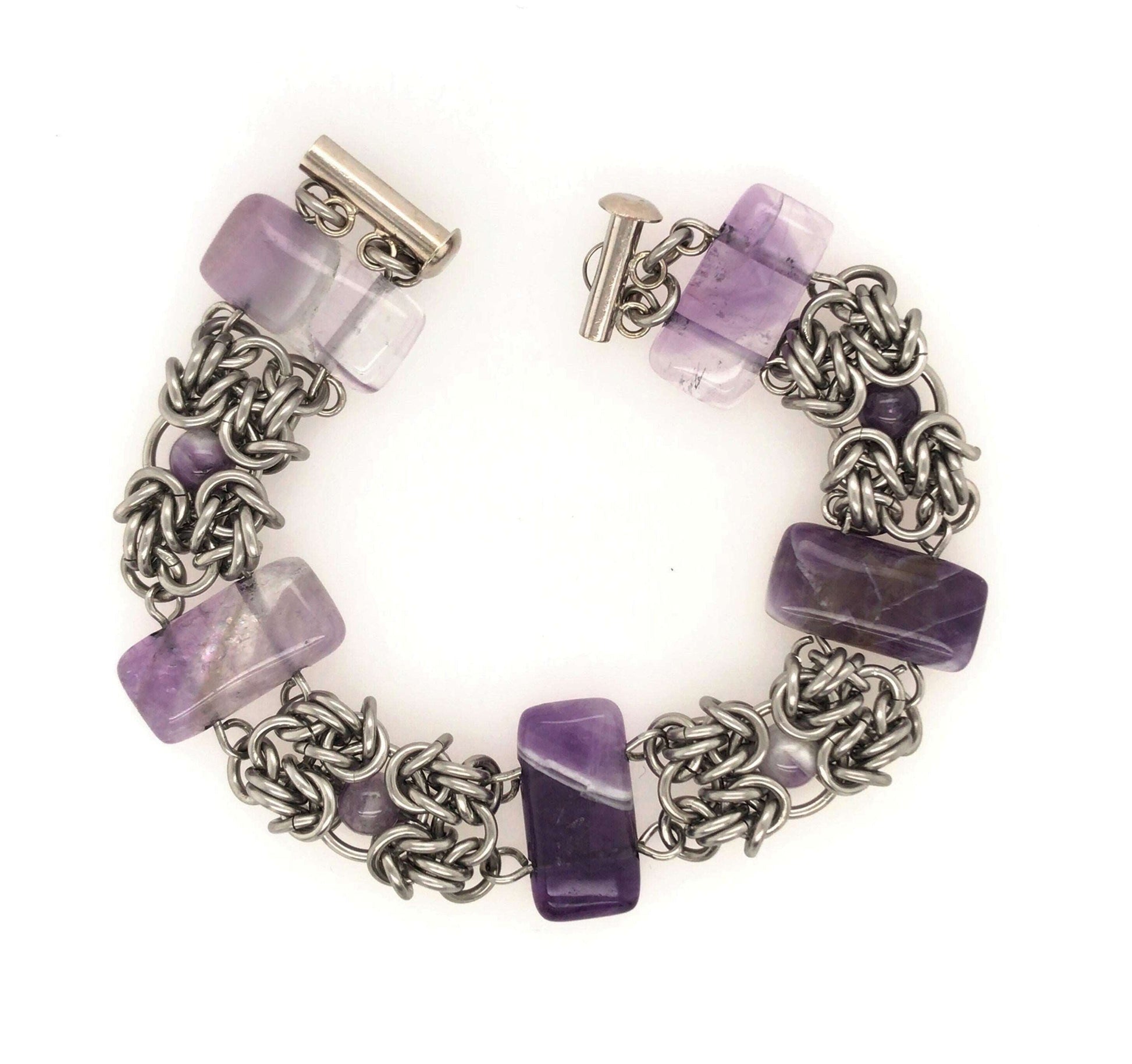 Amethyst Bar & Stainless Steel Byzantine Chain Maille Bracelet - Barb Murrin Jewelry