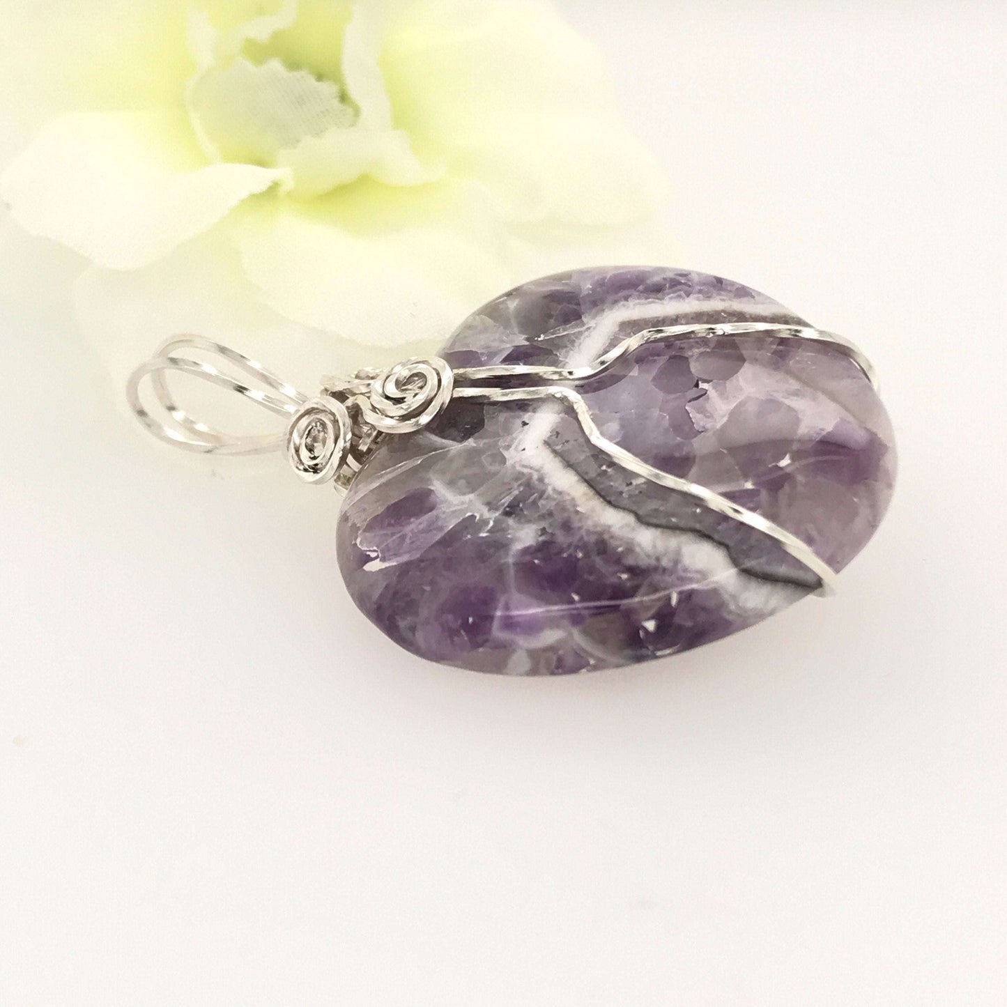 Heart-shaped Amethyst Pendant wrapped with Argentium Silver ("Amethyst Heart of Stone") - Barb Murrin Jewelry