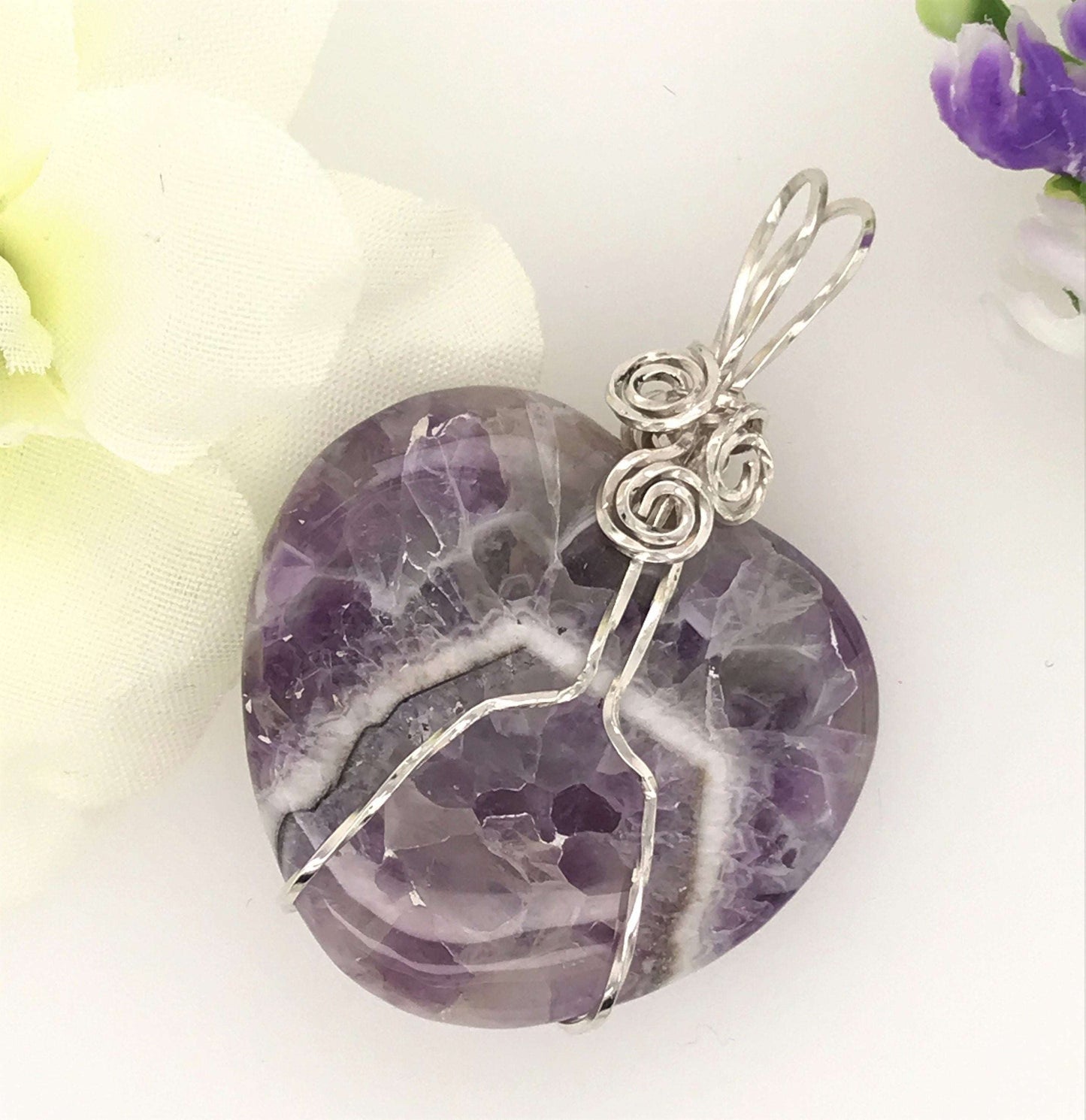 Heart-shaped Amethyst Pendant wrapped with Argentium Silver ("Amethyst Heart of Stone") - Barb Murrin Jewelry