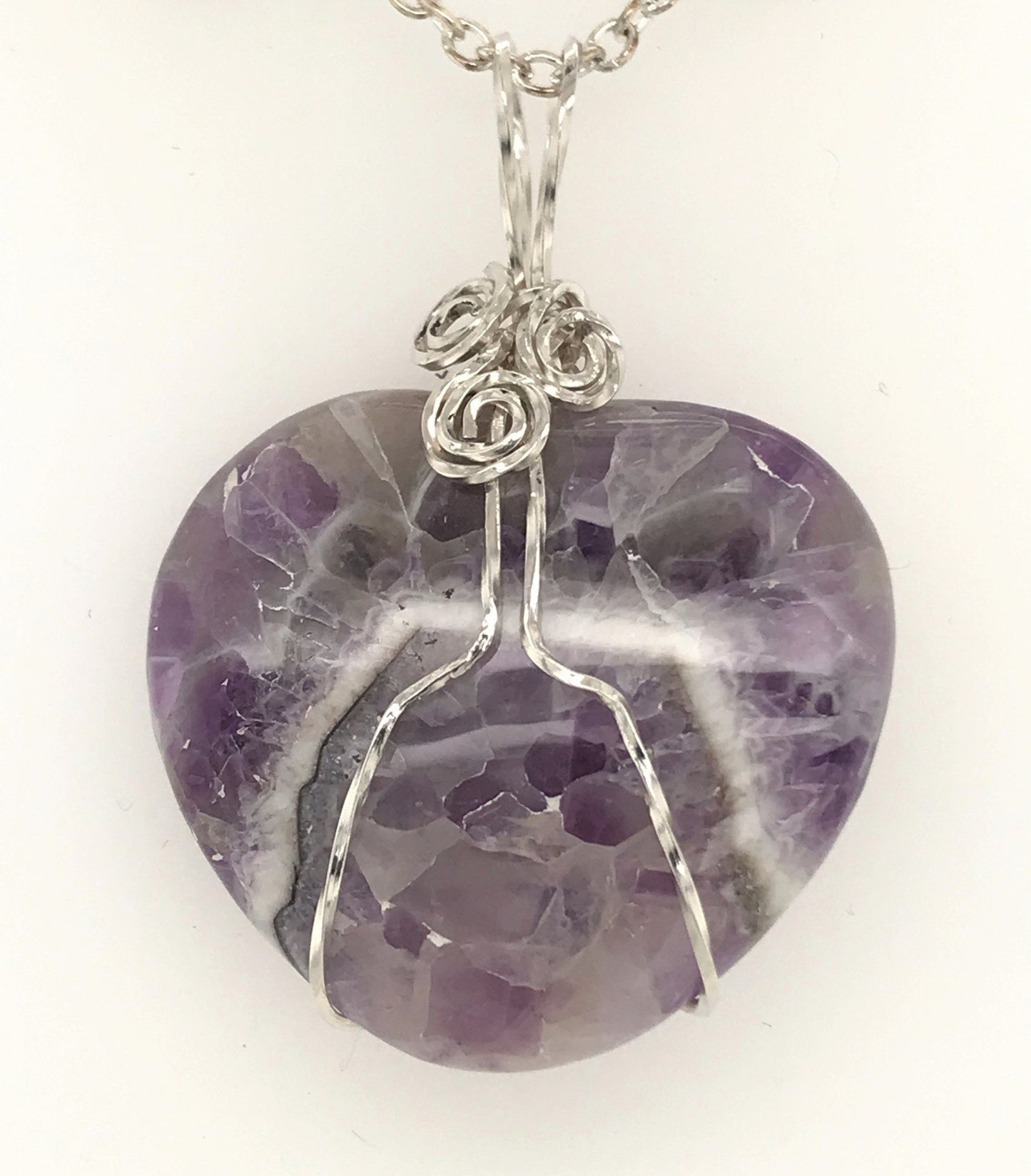 Heart-shaped Amethyst Pendant wrapped with Argentium Silver ("Amethyst Heart of Stone") - Barb Murrin Jewelry