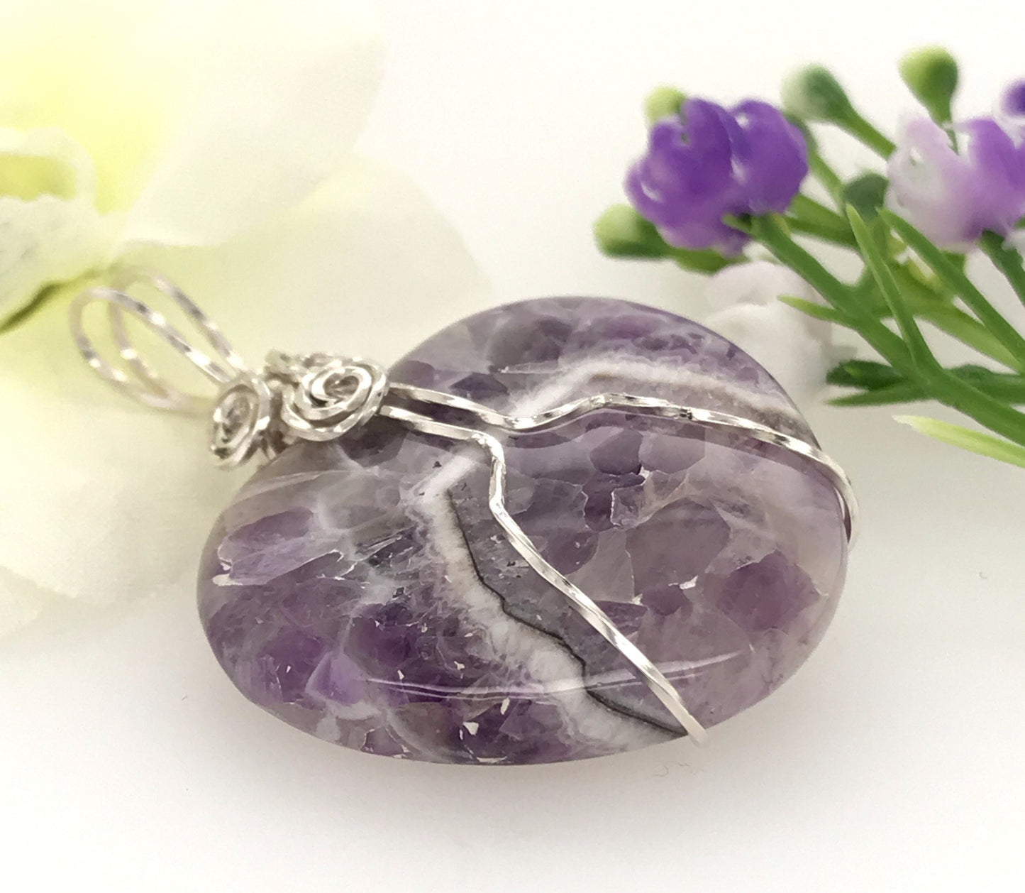 Heart-shaped Amethyst Pendant wrapped with Argentium Silver ("Amethyst Heart of Stone") - Barb Murrin Jewelry