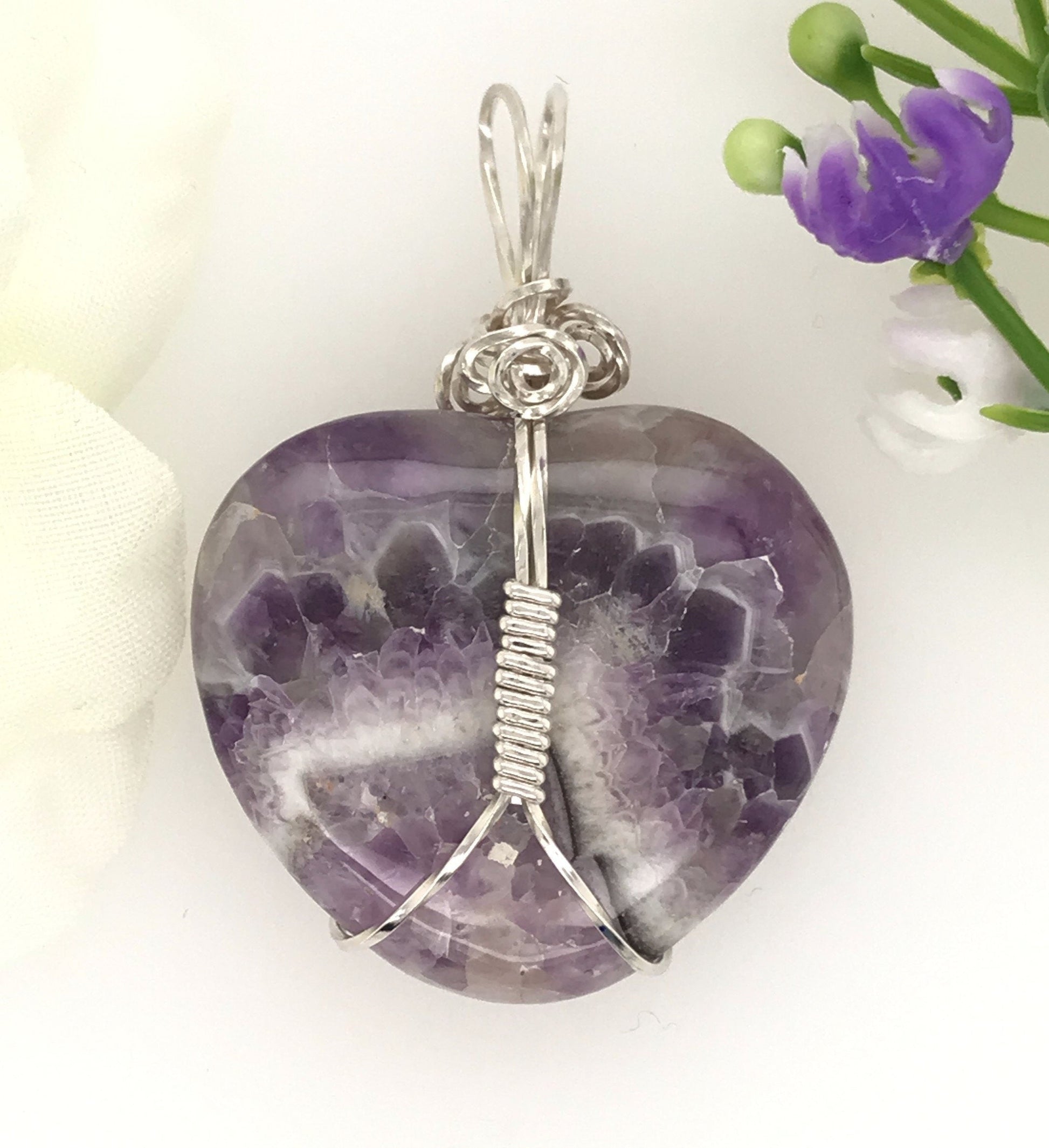 Heart-shaped Amethyst Pendant wrapped with Argentium Silver ("Amethyst Heart of Stone") - Barb Murrin Jewelry