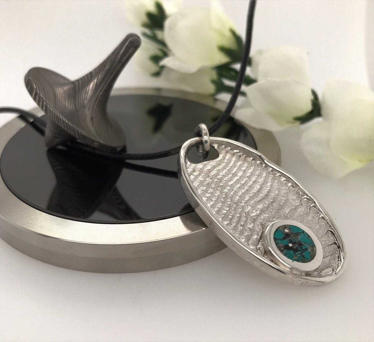 Argentium Silver Cuttlefish Casting with Turquoise Inset ("Oval Turquoise Cuttlefish Pendant") - Barb Murrin Jewelry