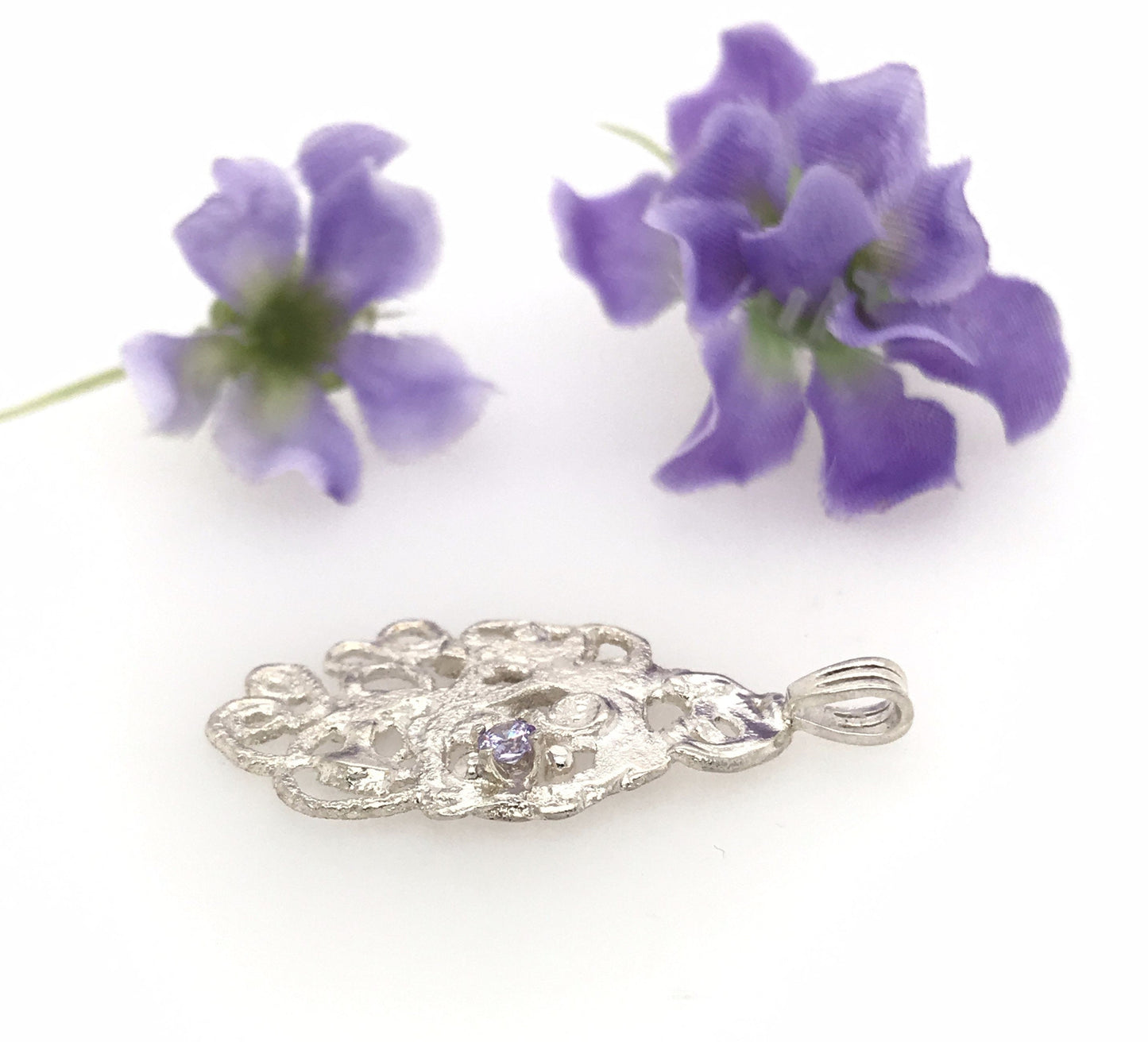 Argentium Silver Pendant with Lavender Cubic Zirconia ("Frosty Filigree Pendant") - Barb Murrin Jewelry