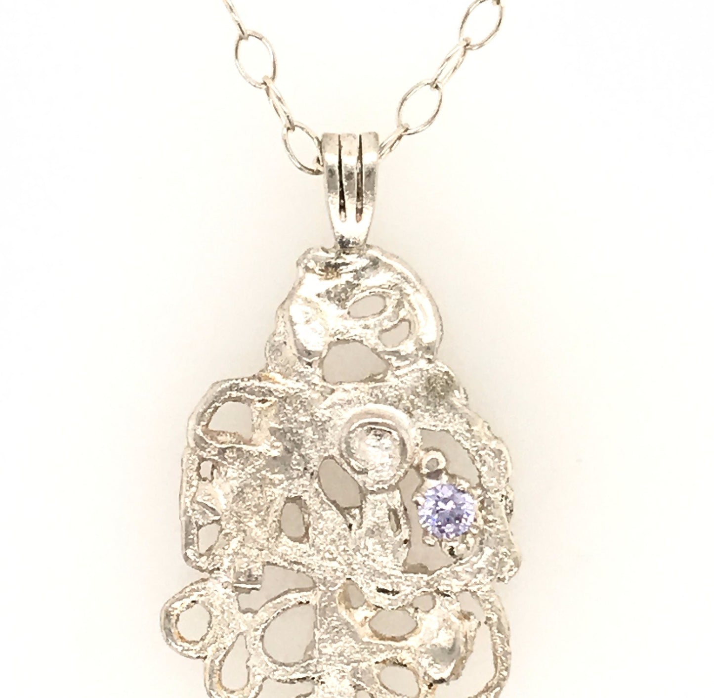 Argentium Silver Pendant with Lavender Cubic Zirconia ("Frosty Filigree Pendant") - Barb Murrin Jewelry