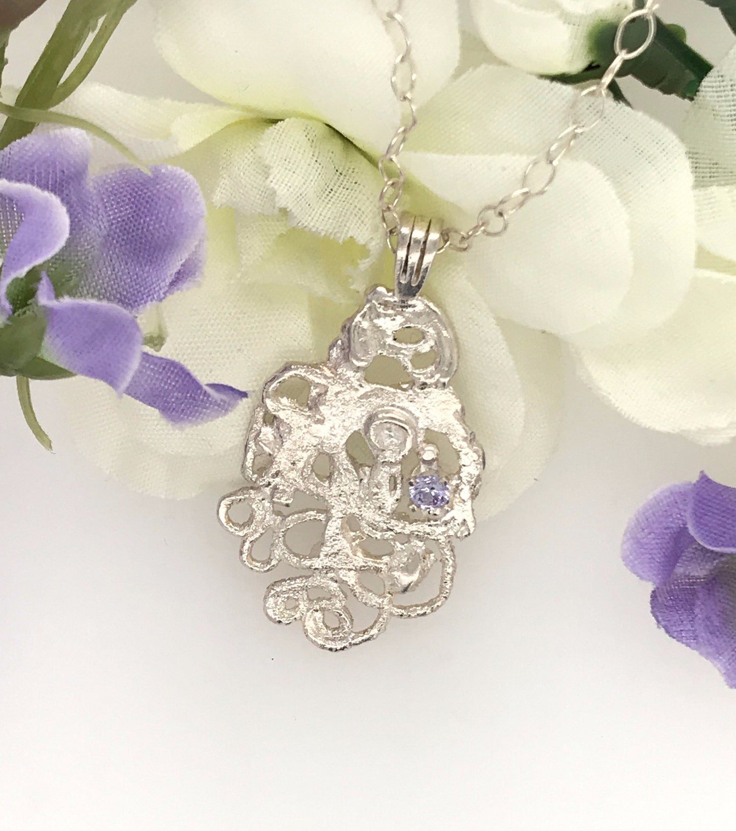 Argentium Silver Pendant with Lavender Cubic Zirconia ("Frosty Filigree Pendant") - Barb Murrin Jewelry