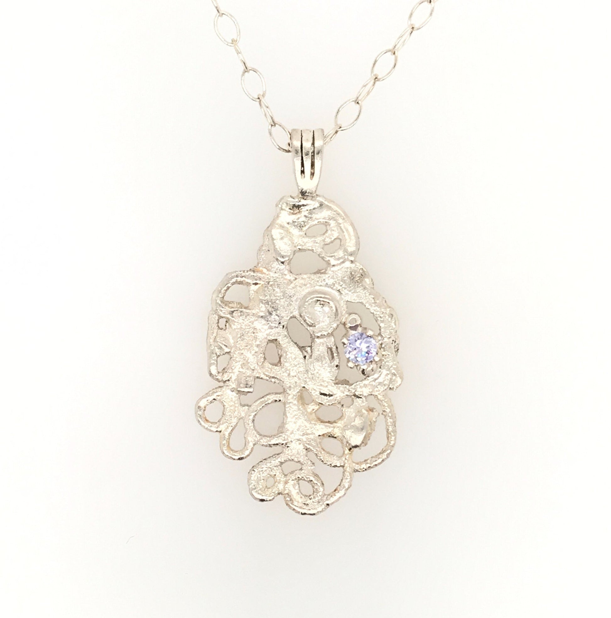 Argentium Silver Pendant with Lavender Cubic Zirconia ("Frosty Filigree Pendant") - Barb Murrin Jewelry