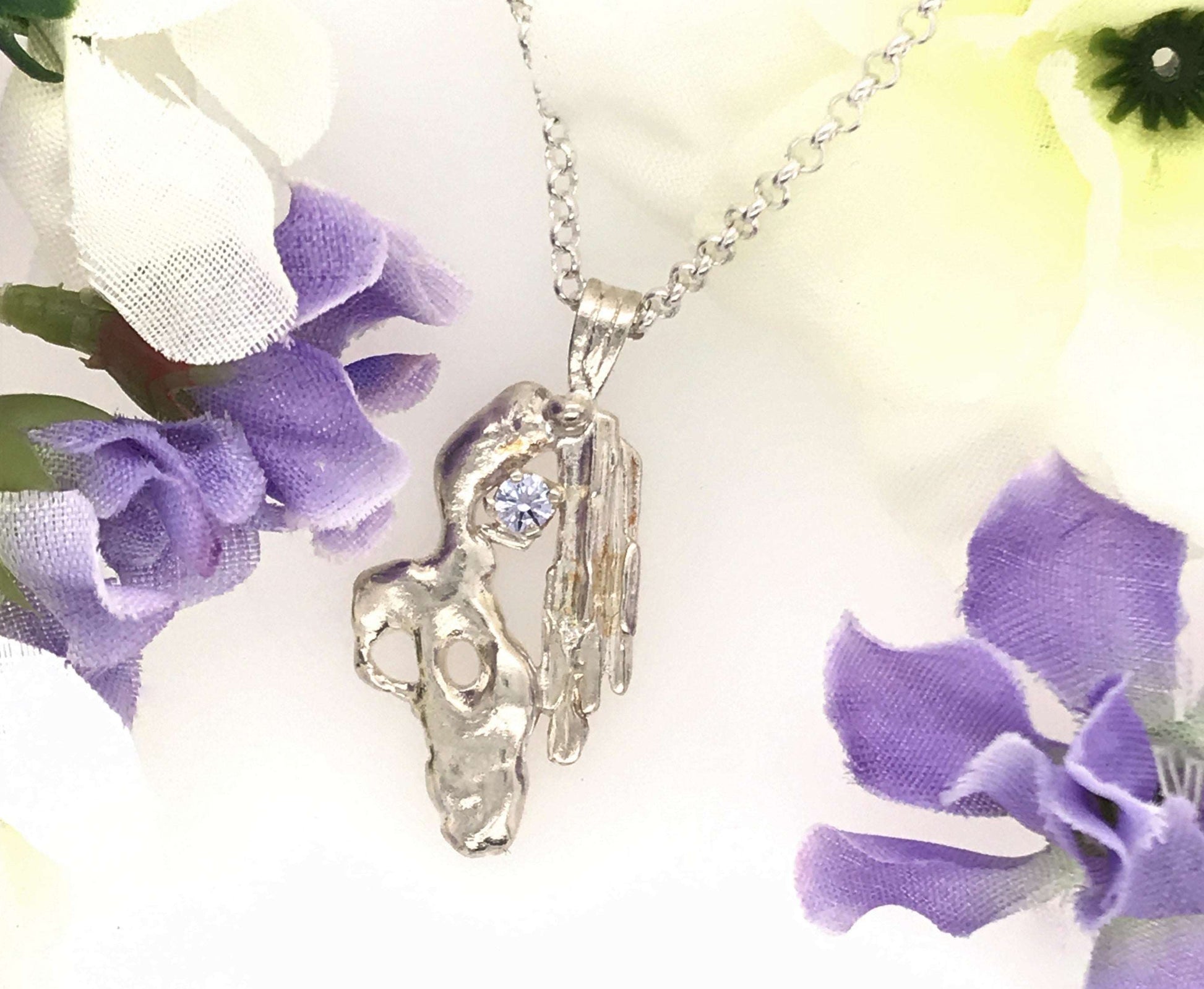 Argentium Silver Pendant with Lavender CZ ("Ship's Figurehead Pendant") - Barb Murrin Jewelry