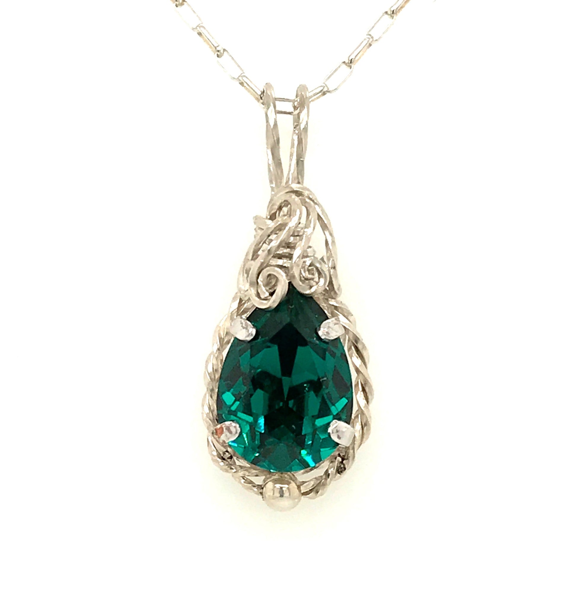 Emerald Crystal Teardrop and Argentium Silver Wrapped Pendant ("The Undine's Tear") - Barb Murrin Jewelry