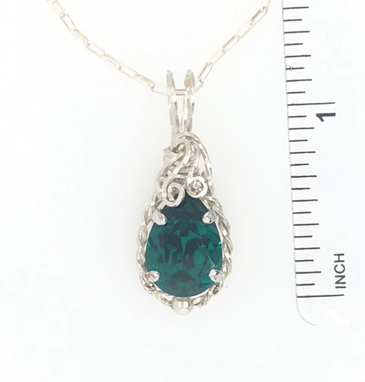 Emerald Teardrop Crystal and Argentium-Silver-Wrapped Pendant ("The Undine's Tear") - Barb Murrin Jewelry