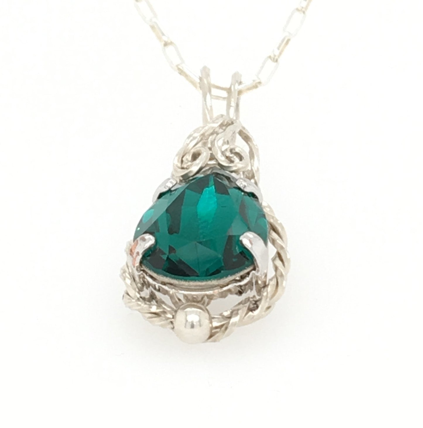 Emerald Teardrop Crystal and Argentium-Silver-Wrapped Pendant ("The Undine's Tear") - Barb Murrin Jewelry