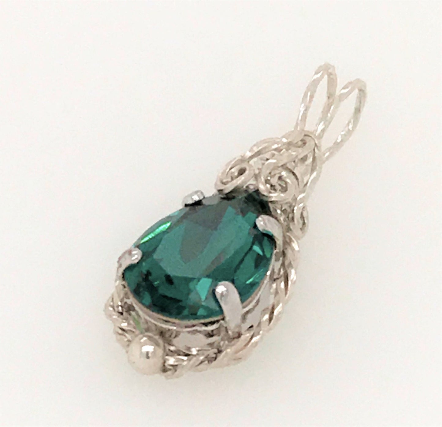 Emerald Teardrop Crystal and Argentium-Silver-Wrapped Pendant ("The Undine's Tear") - Barb Murrin Jewelry