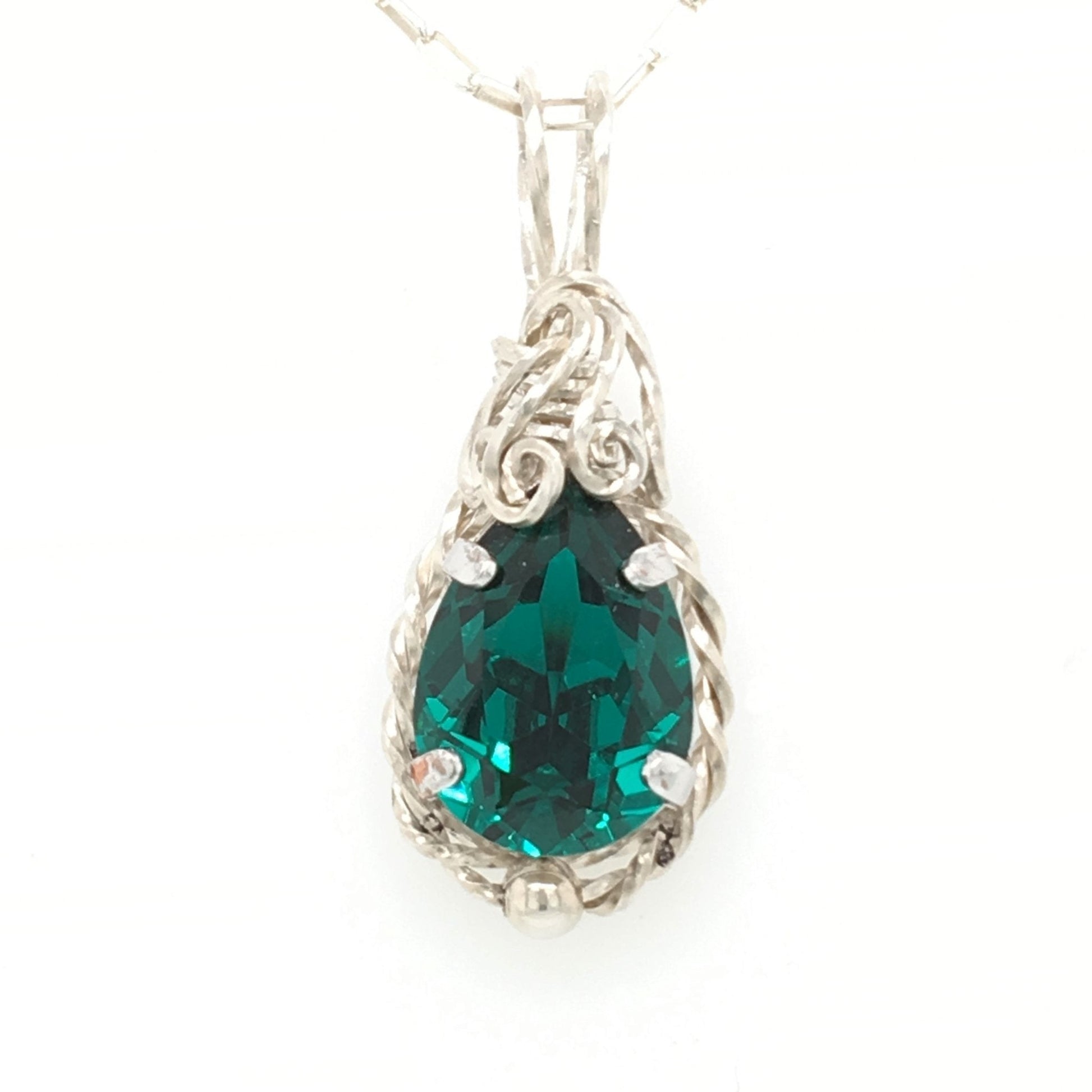 Emerald Teardrop Crystal and Argentium-Silver-Wrapped Pendant ("The Undine's Tear") - Barb Murrin Jewelry