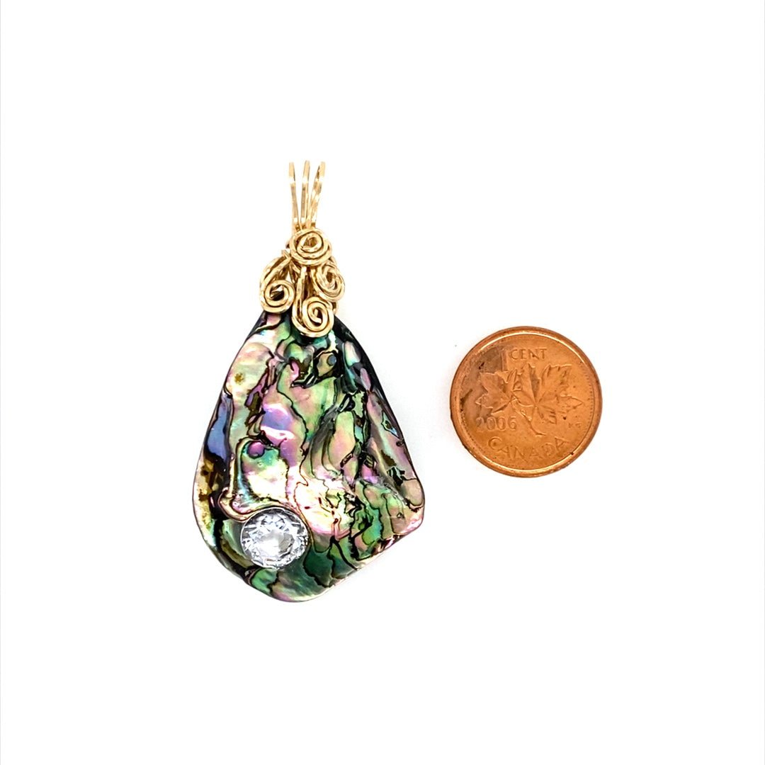 Green Abalone Shell Pendant with Clear CZ and Gold-filled Bail - Barb Murrin Jewelry