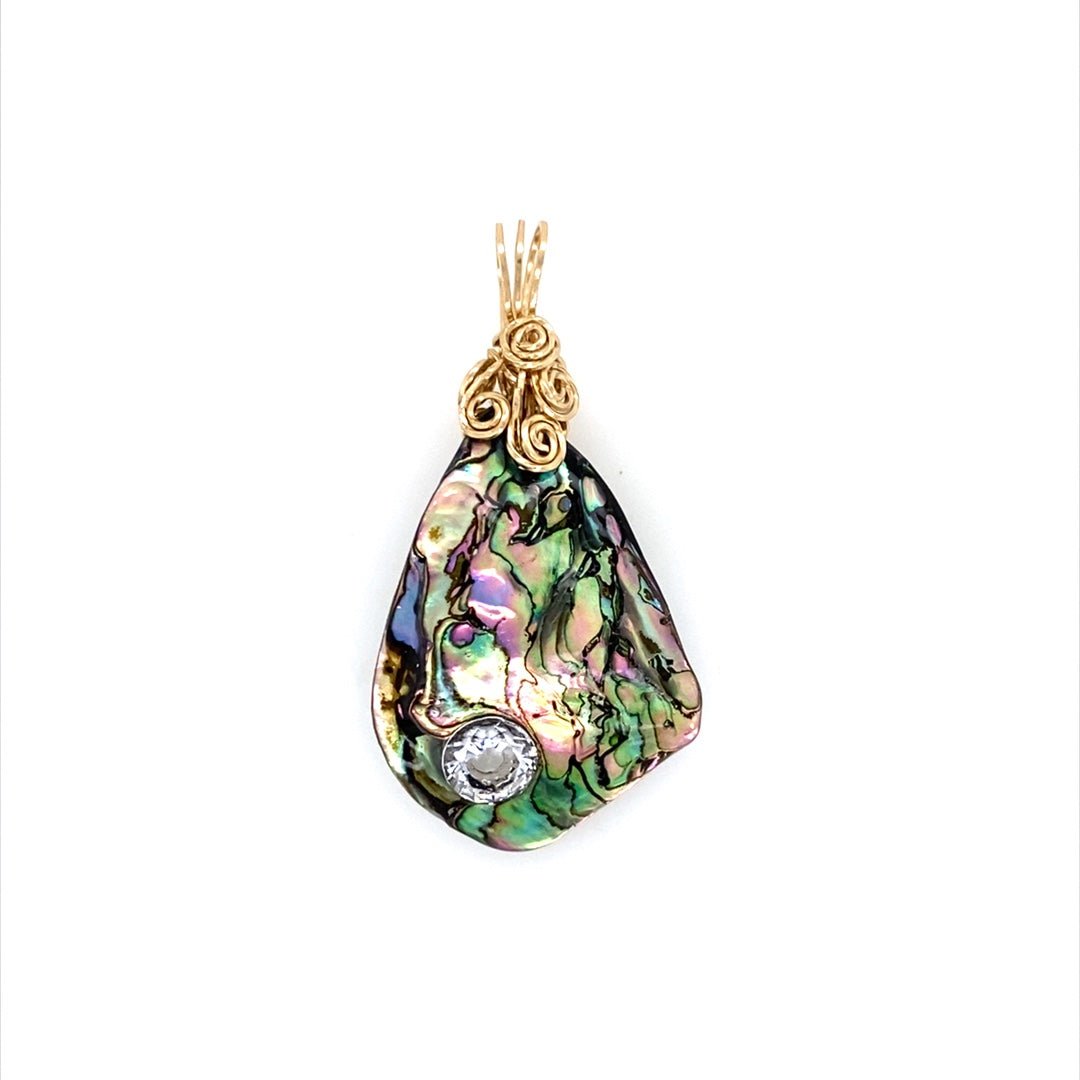 Green Abalone Shell Pendant with Clear CZ and Gold-filled Bail - Barb Murrin Jewelry