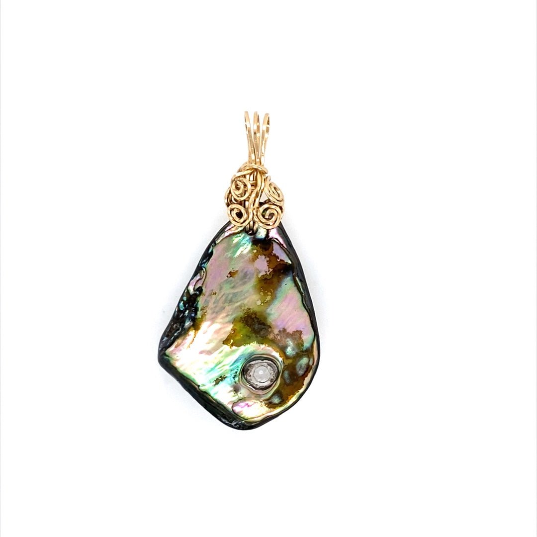 Green Abalone Shell Pendant with Clear CZ and Gold-filled Bail - Barb Murrin Jewelry