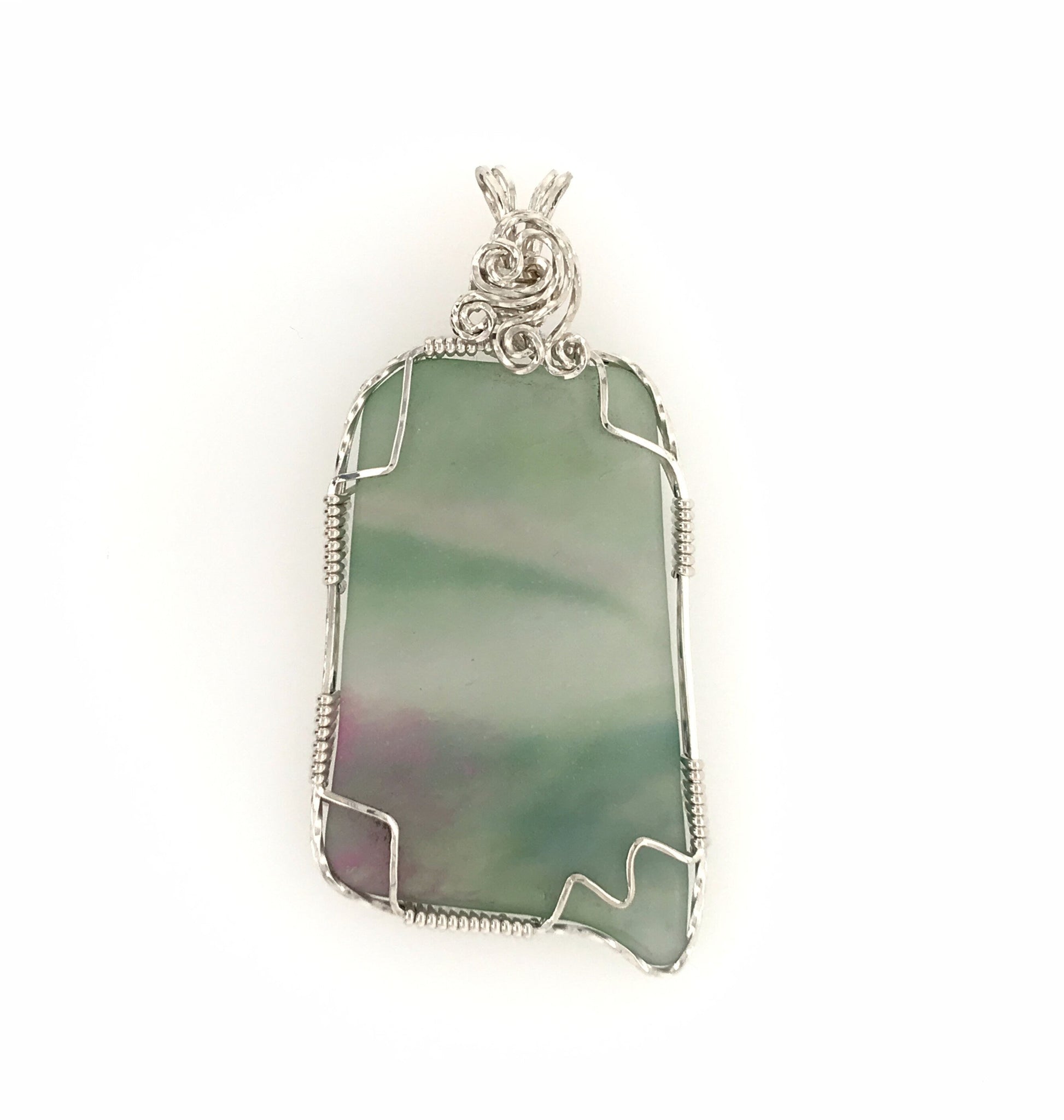 Green and Pink Frosted Glass and Argentium Silver Pendant - Barb Murrin Jewelry