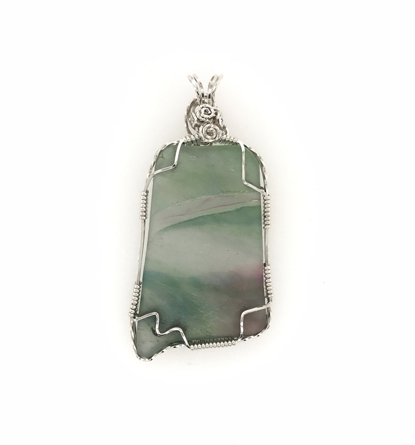 Green and Pink Frosted Glass and Argentium Silver Pendant - Barb Murrin Jewelry