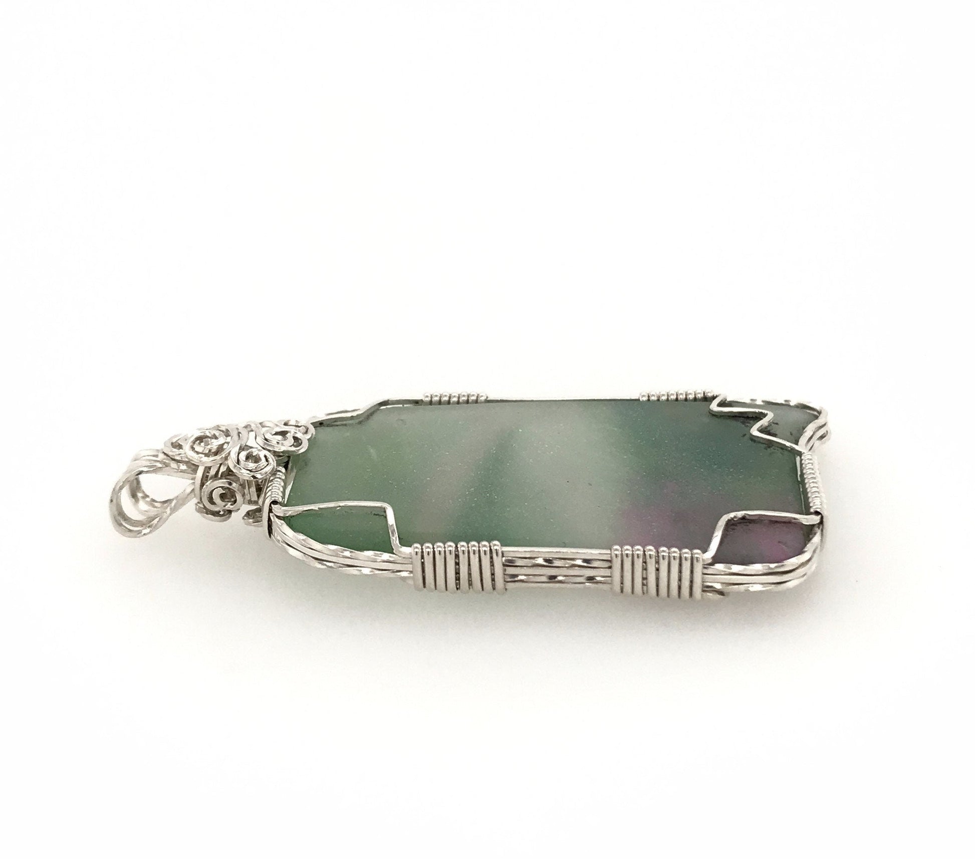 Green and Pink Frosted Glass and Argentium Silver Pendant - Barb Murrin Jewelry