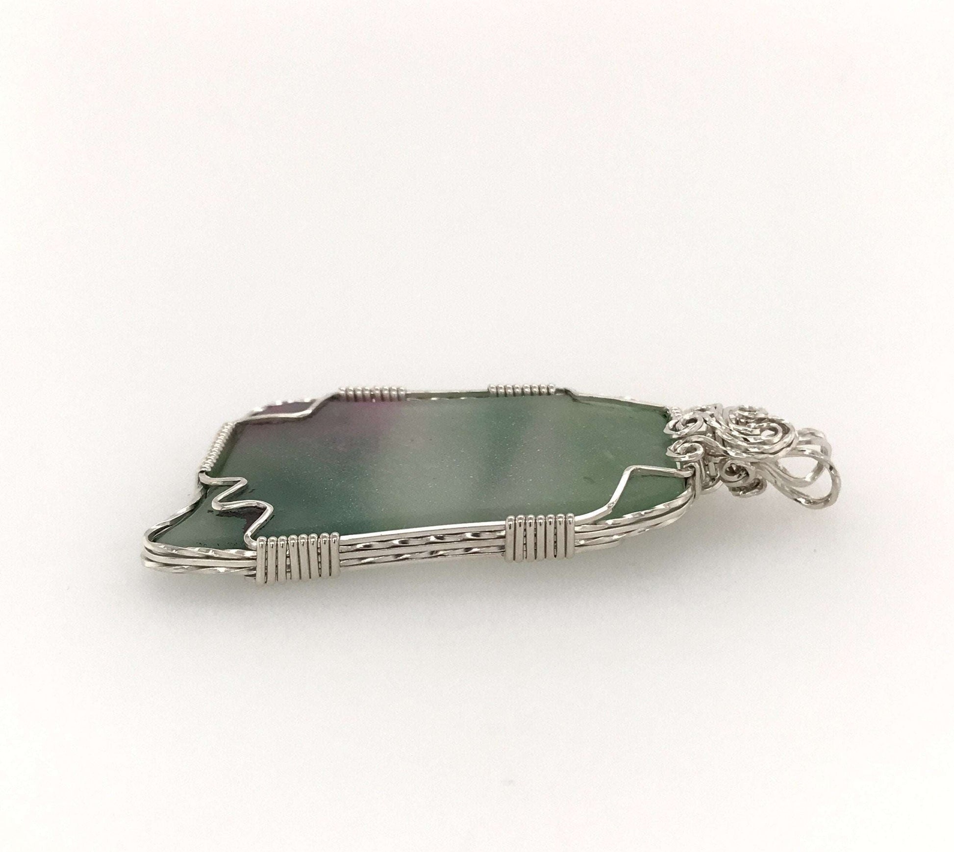 Green and Pink Frosted Glass and Argentium Silver Pendant - Barb Murrin Jewelry