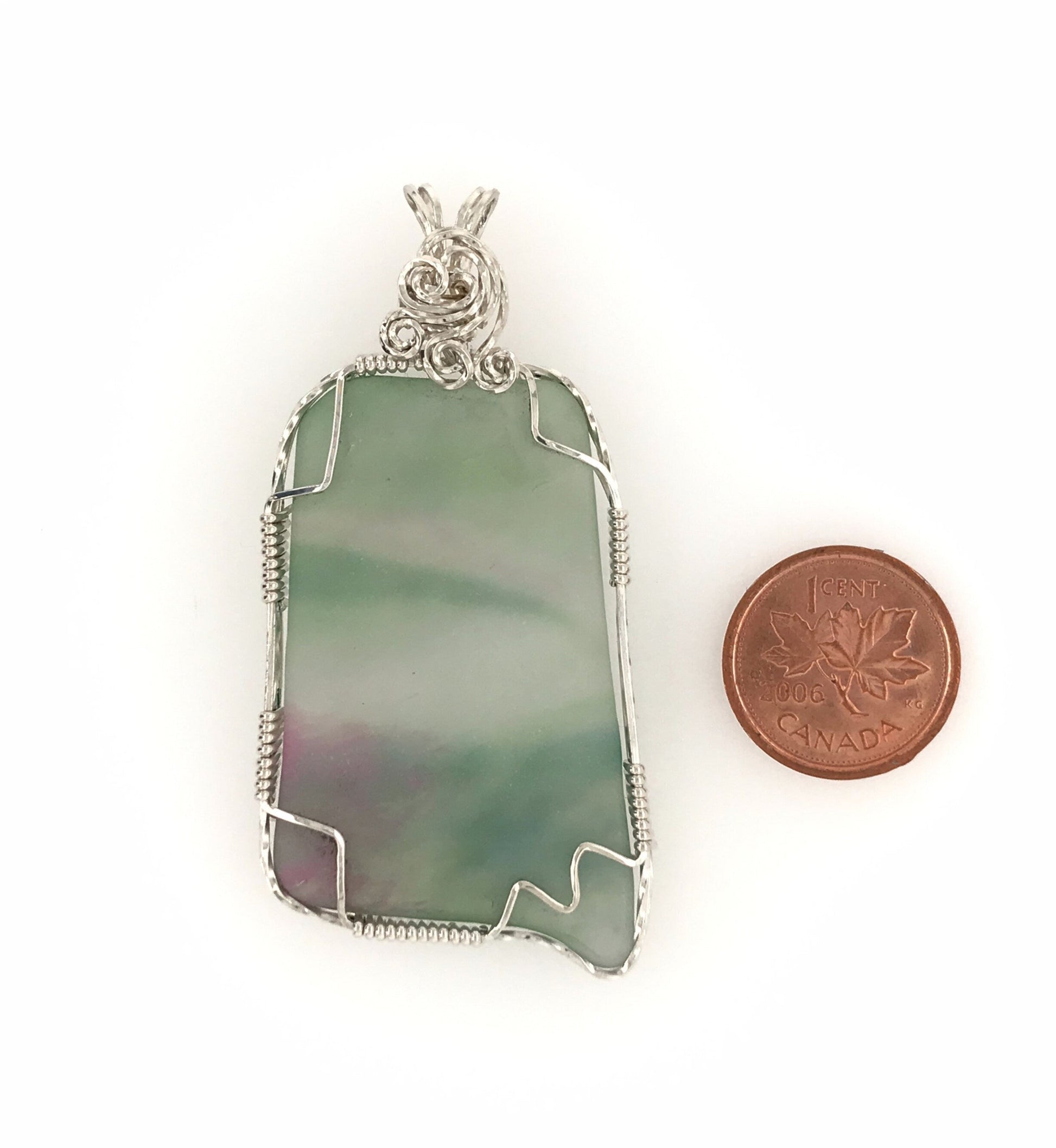 Green and Pink Frosted Glass and Argentium Silver Pendant - Barb Murrin Jewelry