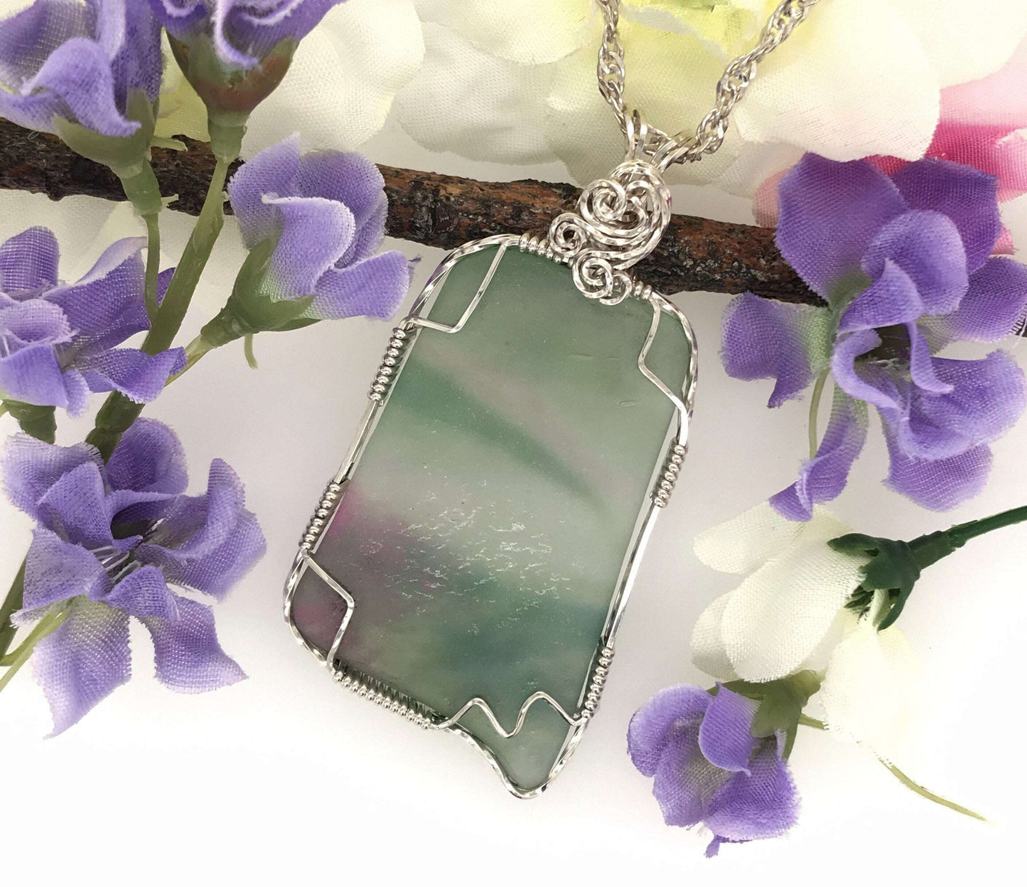 Green and Pink Frosted Glass and Argentium Silver Pendant - Barb Murrin Jewelry