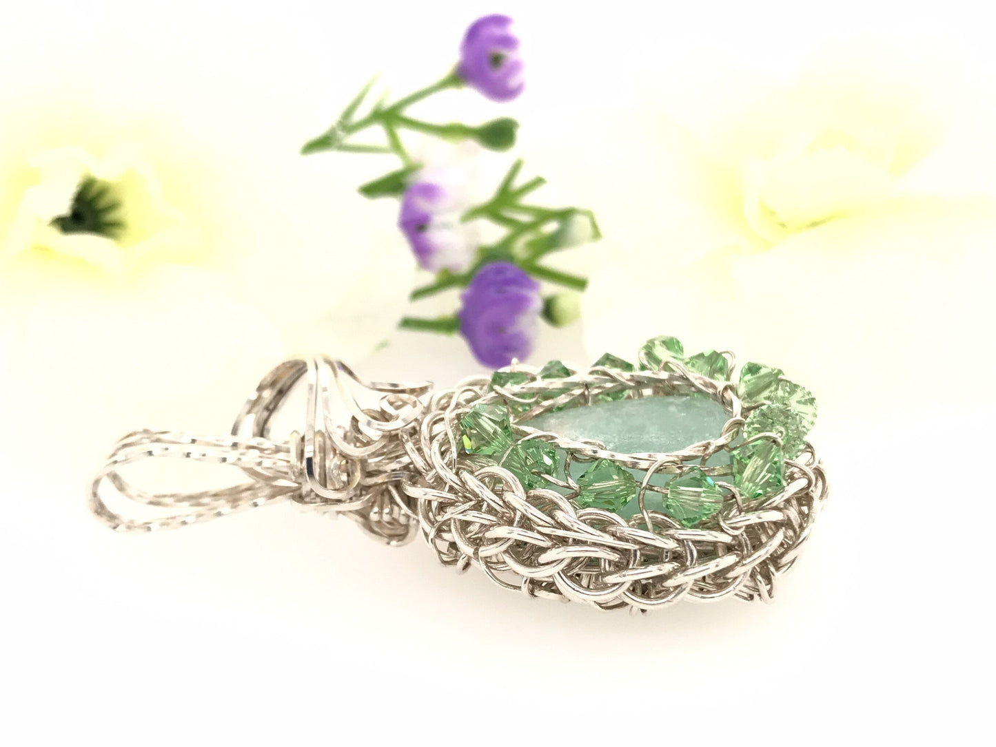 Green Calcite Chain Maille Pendant ("Victorian Chain Maille Green Calcite Pendant") - Barb Murrin Jewelry