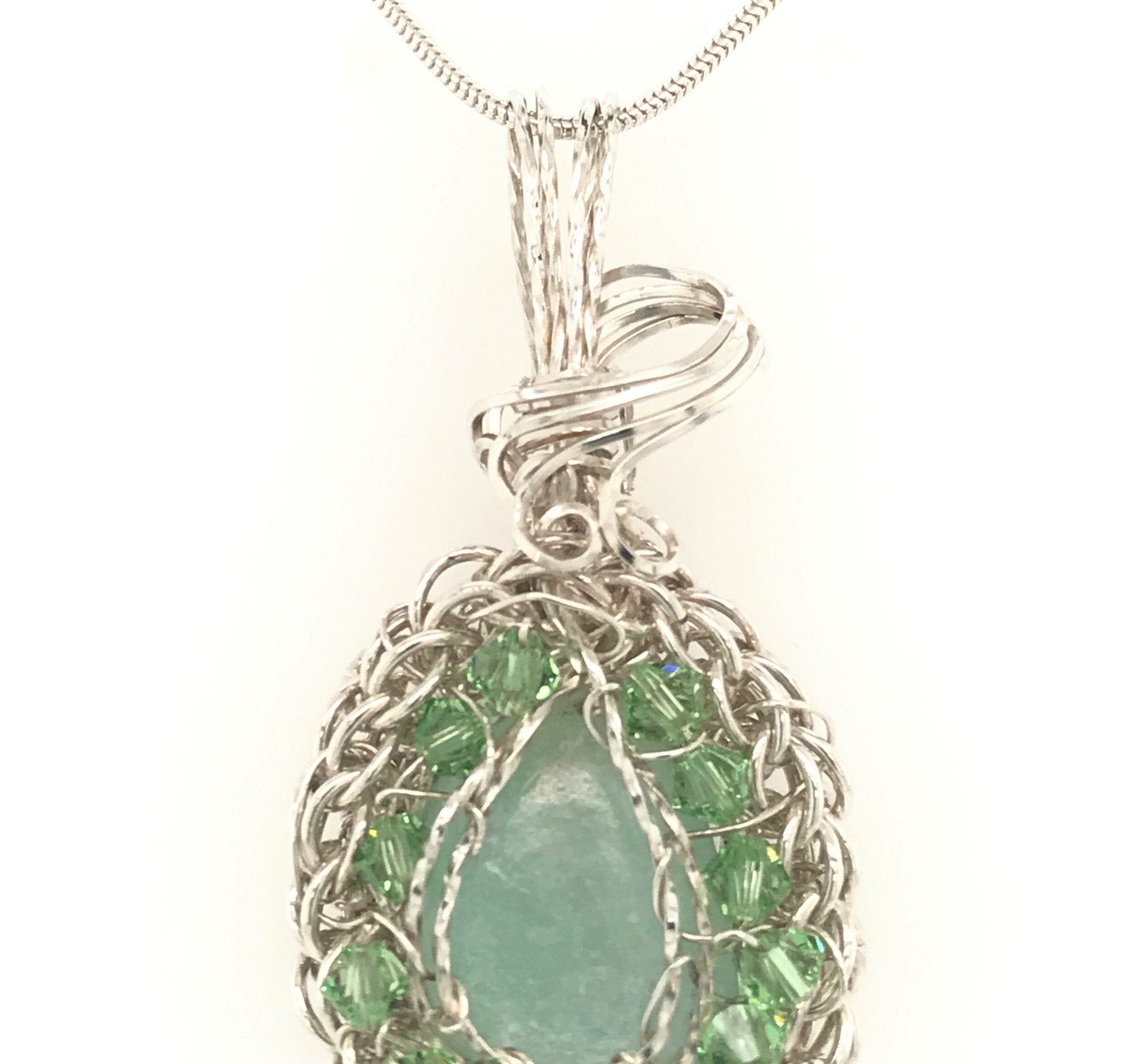 Green Calcite Chain Maille Pendant ("Victorian Chain Maille Green Calcite Pendant") - Barb Murrin Jewelry