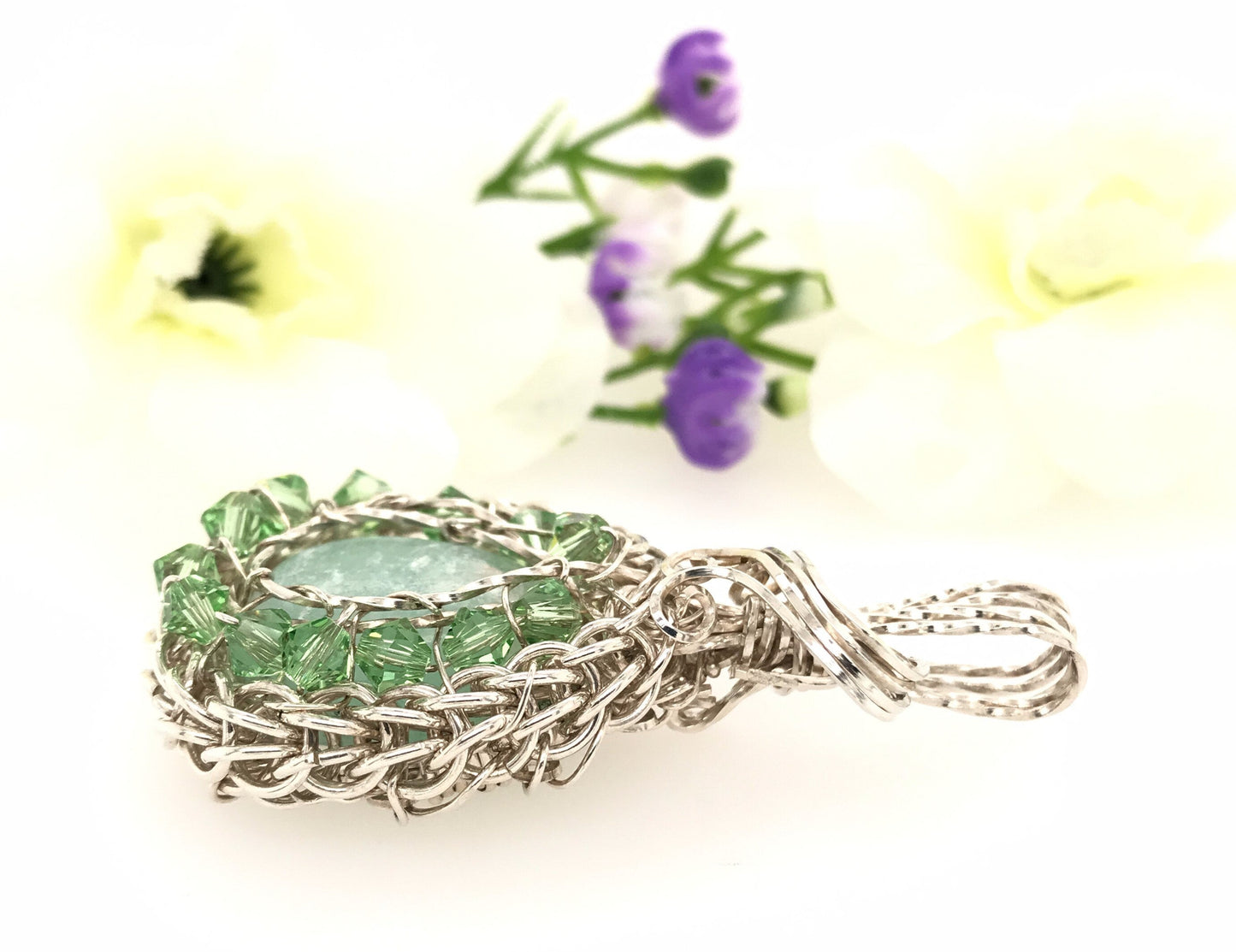 Green Calcite Chain Maille Pendant ("Victorian Chain Maille Green Calcite Pendant") - Barb Murrin Jewelry