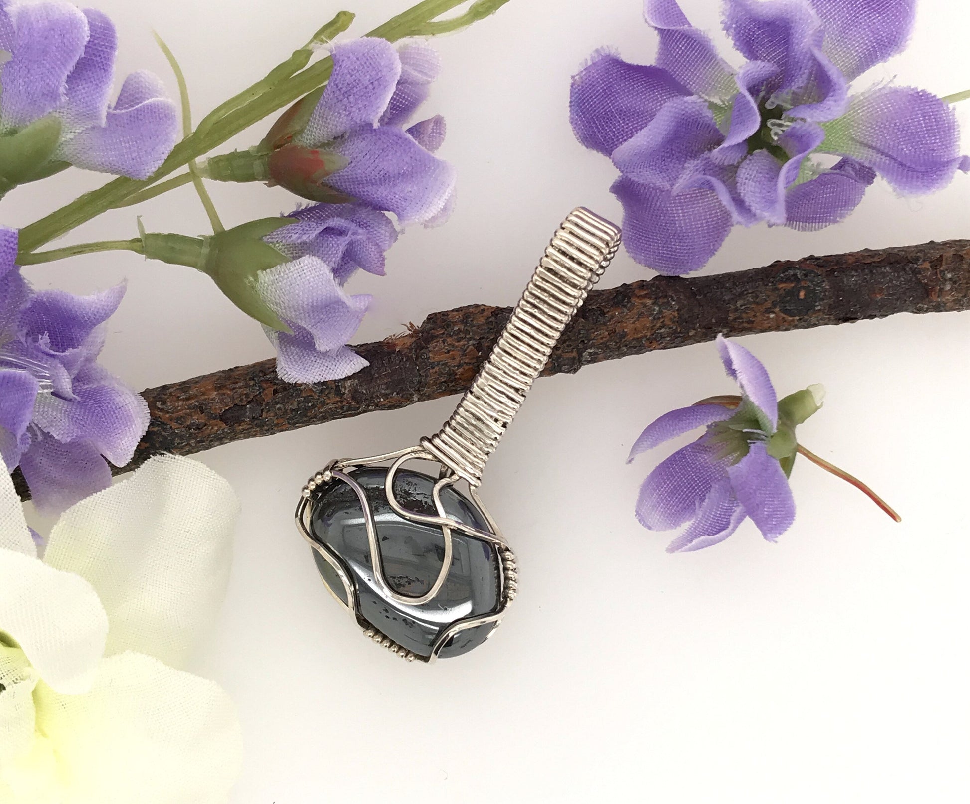 Hematite and Argentium Silver Pendant ("Hematite Drop") - Barb Murrin Jewelry