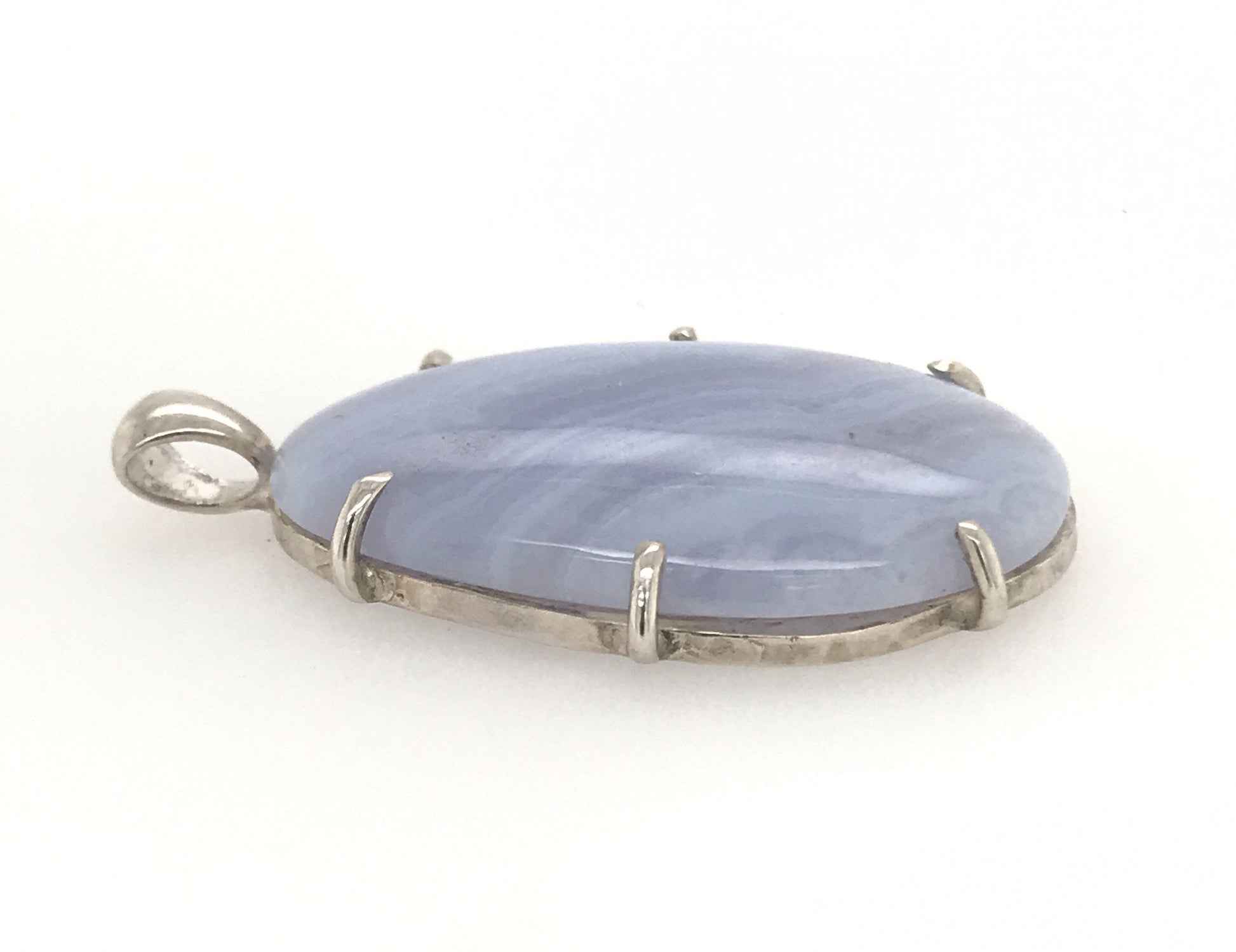 Minimalist Blue Lace Agate and Argentium Silver Pendant ("A River Runs through It") - Barb Murrin Jewelry