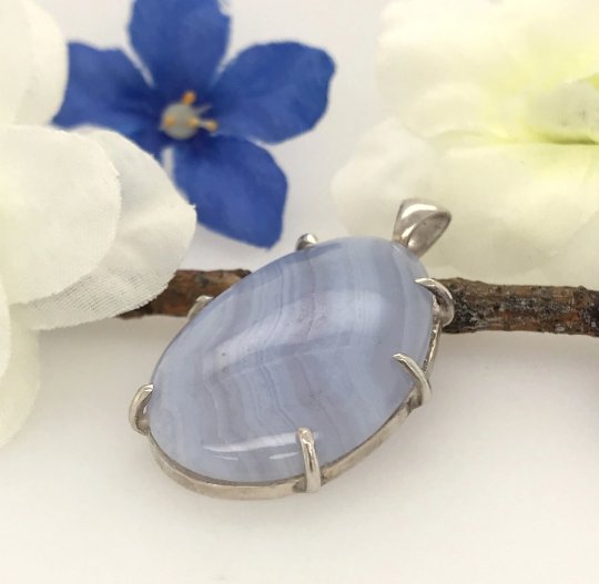 Minimalist Blue Lace Agate and Argentium Silver Pendant ("A River Runs through It") - Barb Murrin Jewelry