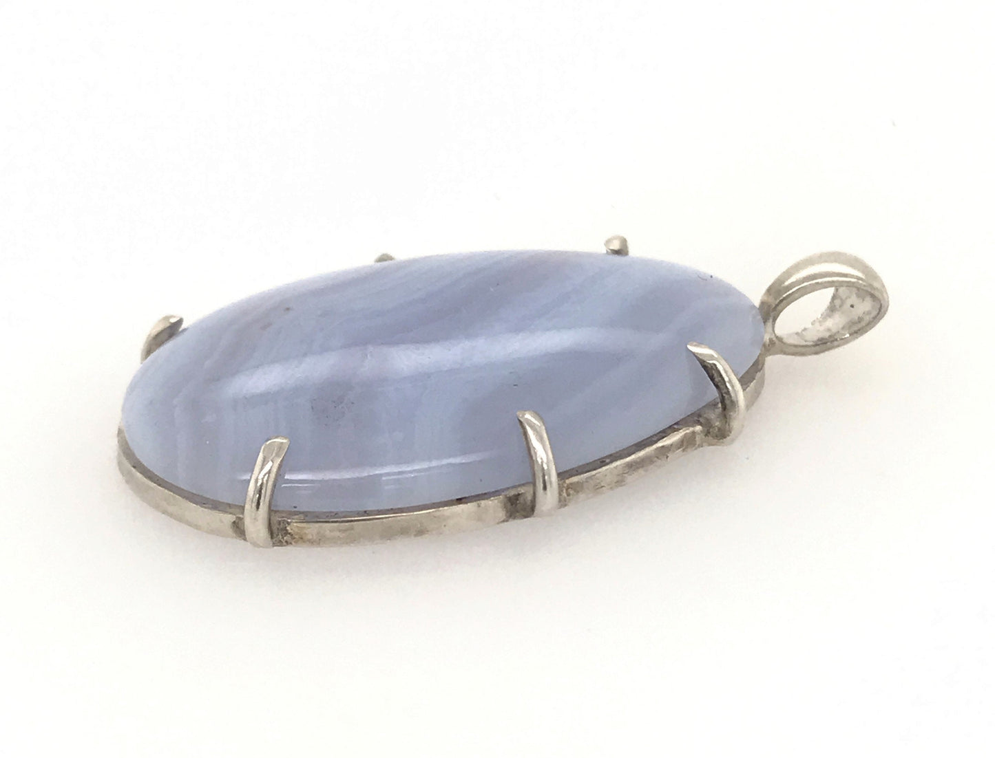 Minimalist Blue Lace Agate and Argentium Silver Pendant ("A River Runs through It") - Barb Murrin Jewelry