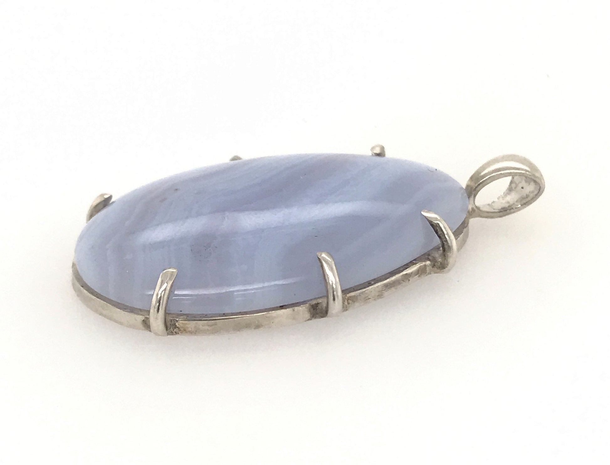 Minimalist Blue Lace Agate and Argentium Silver Pendant ("A River Runs through It") - Barb Murrin Jewelry