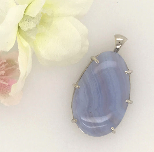 Minimalist Blue Lace Agate and Argentium Silver Pendant ("A River Runs through It") - Barb Murrin Jewelry