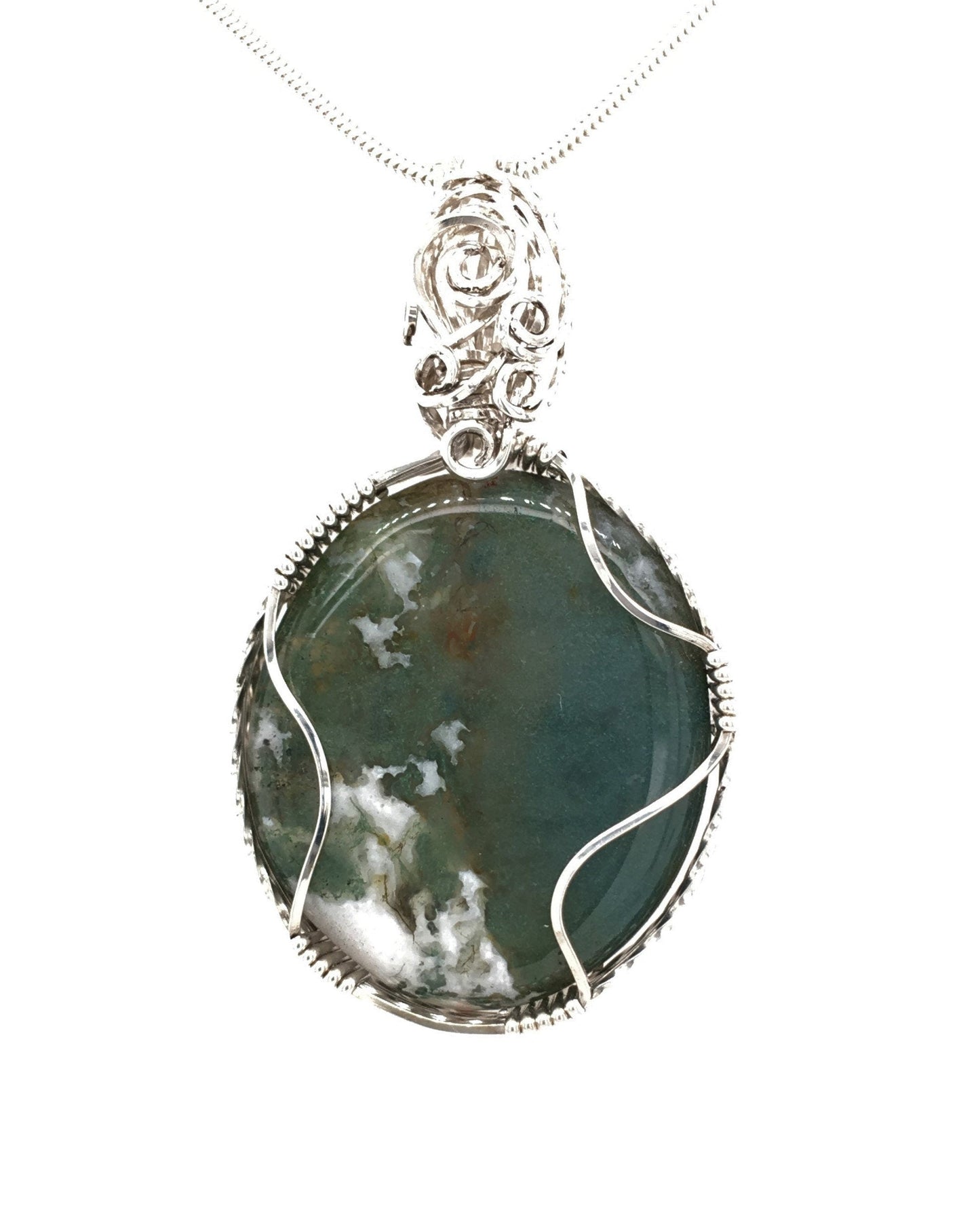 Moss Agate and Argentium Silver Pendant ("Continental Drift") - Barb Murrin Jewelry