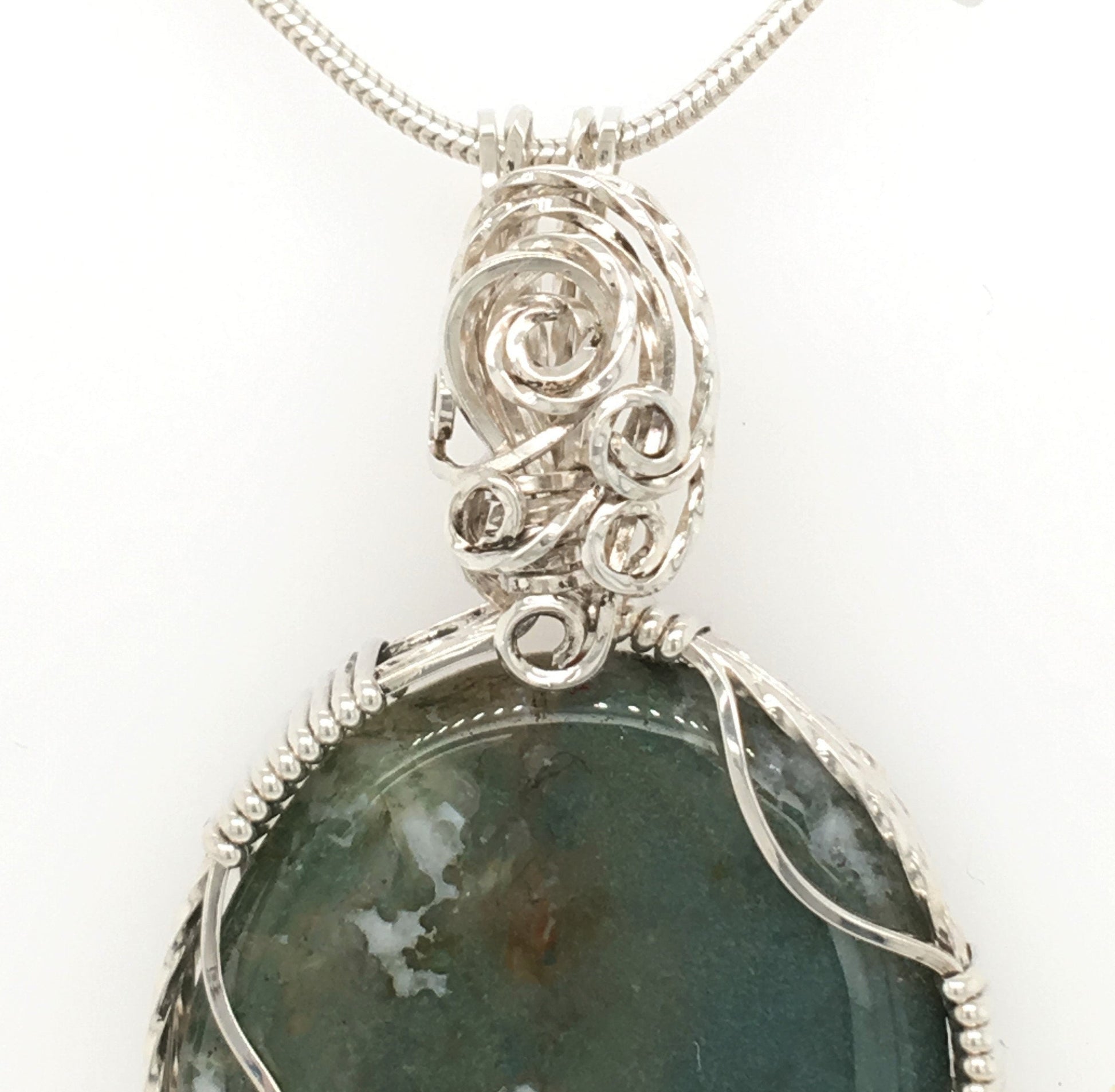 Moss Agate and Argentium Silver Pendant ("Continental Drift") - Barb Murrin Jewelry